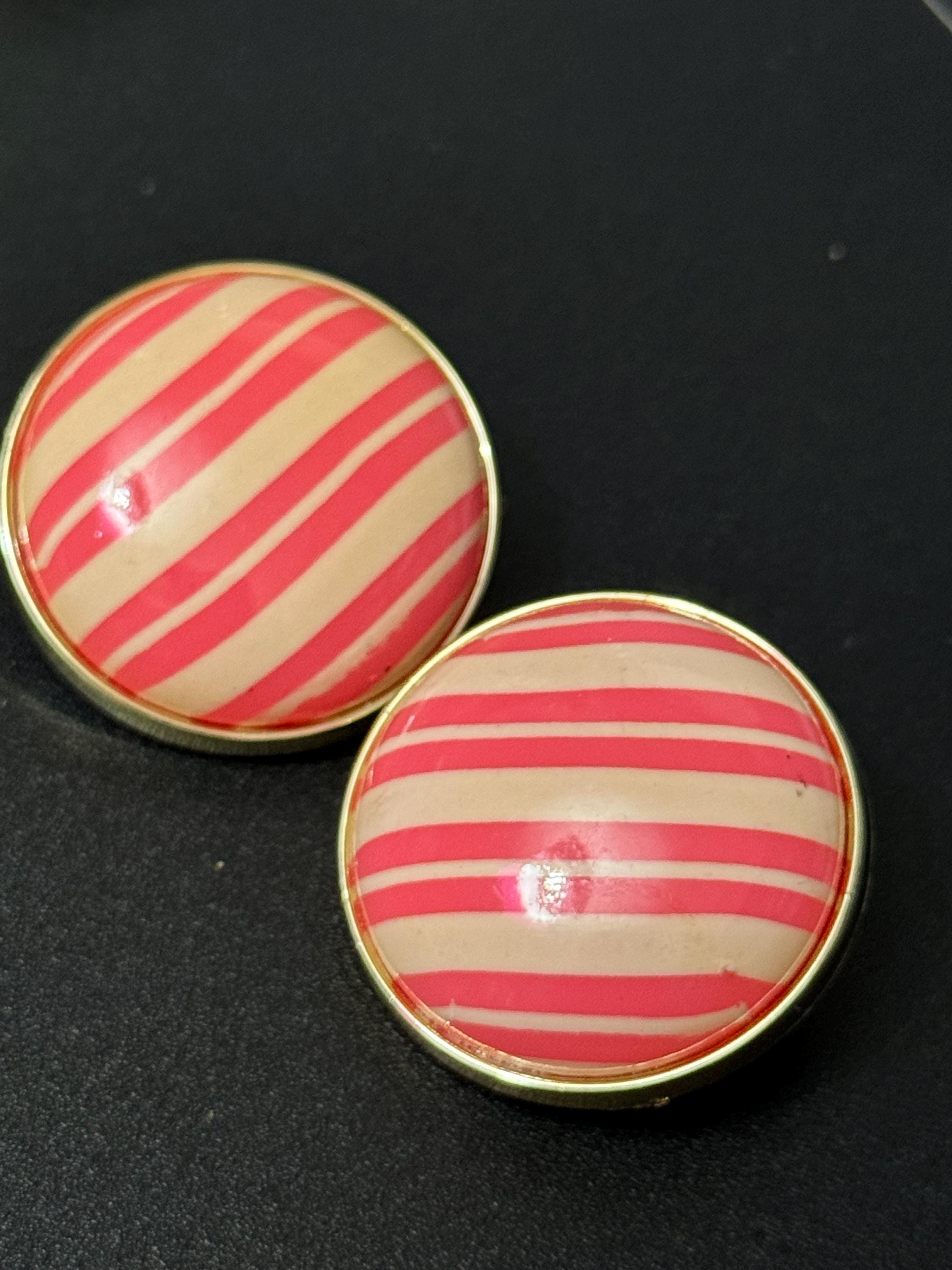 Vintage 1950s French Clip On Earrings: Pink Striped Plastic Dome