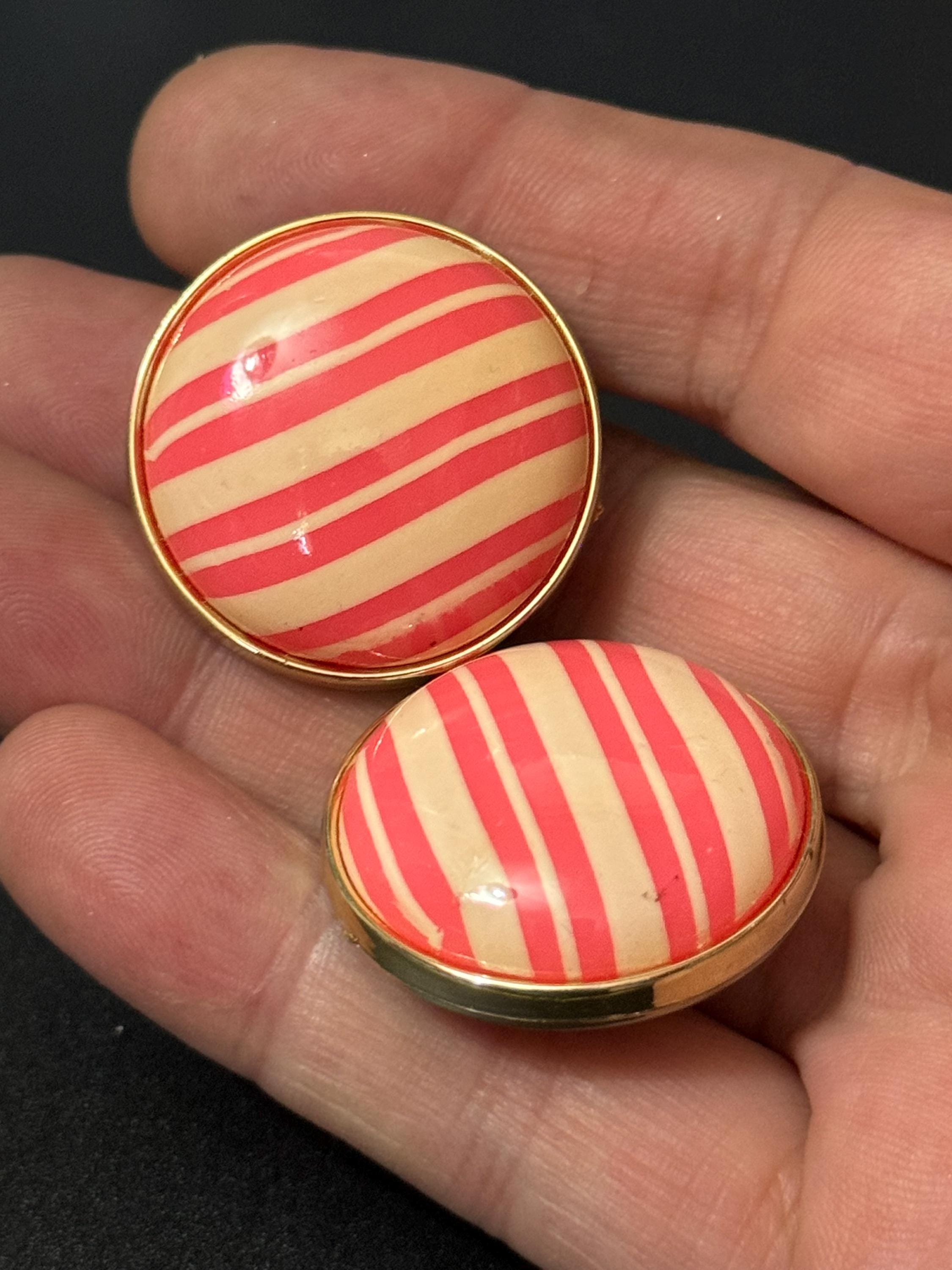 Vintage 1950s French Clip On Earrings: Pink Striped Plastic Dome