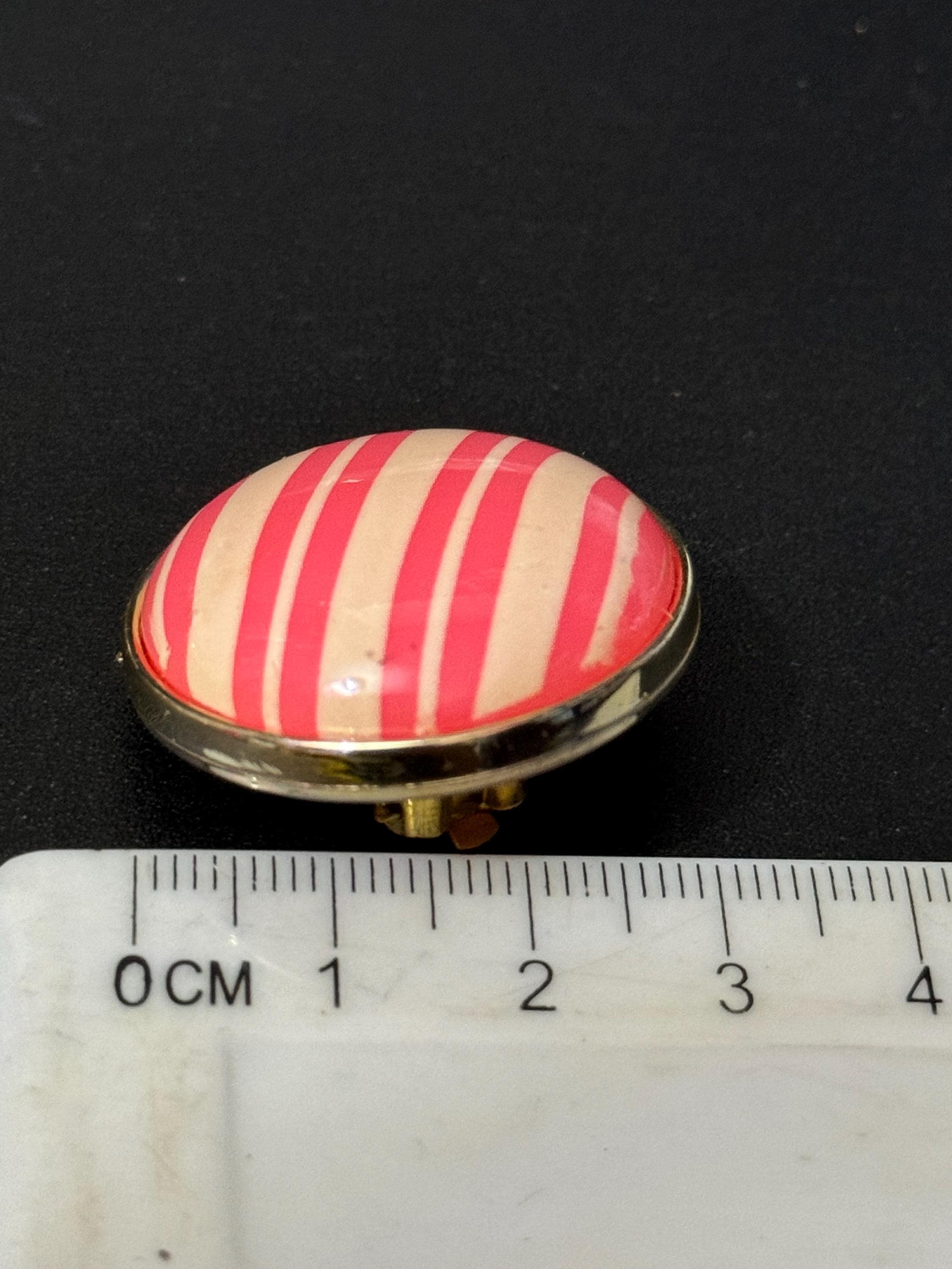 Vintage 1950s French Clip On Earrings: Pink Striped Plastic Dome