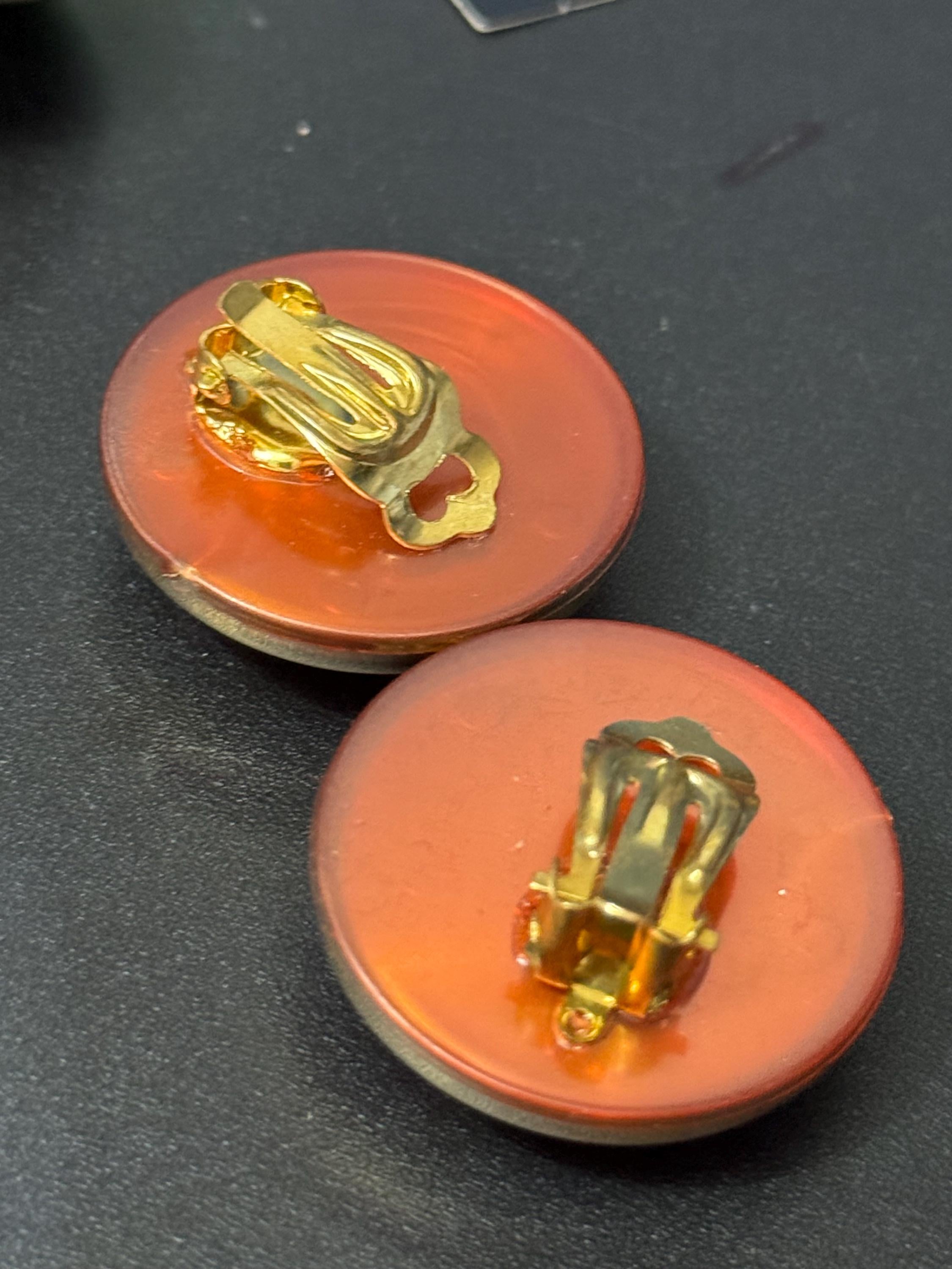 Vintage 1950s French Clip On Earrings: Pink Striped Plastic Dome