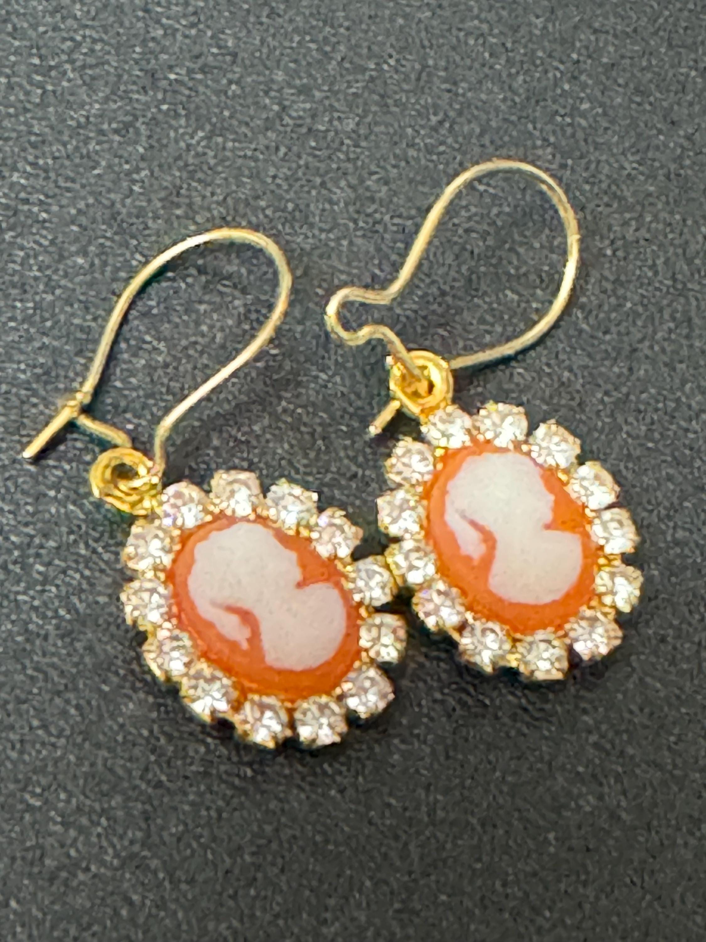 Dainty Diamanté Cameo Drop Earrings: 1970s French