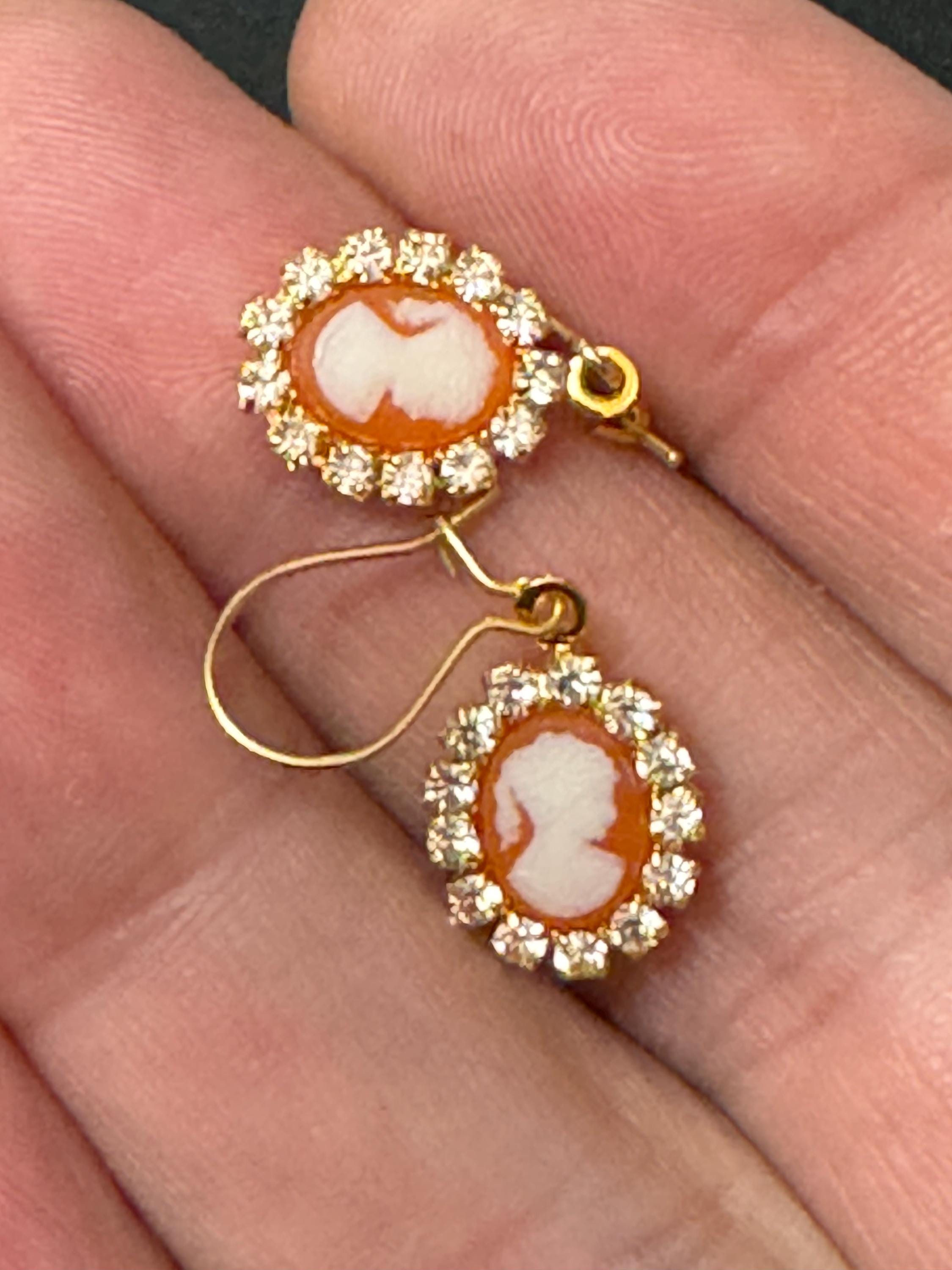 Dainty Diamanté Cameo Drop Earrings: 1970s French