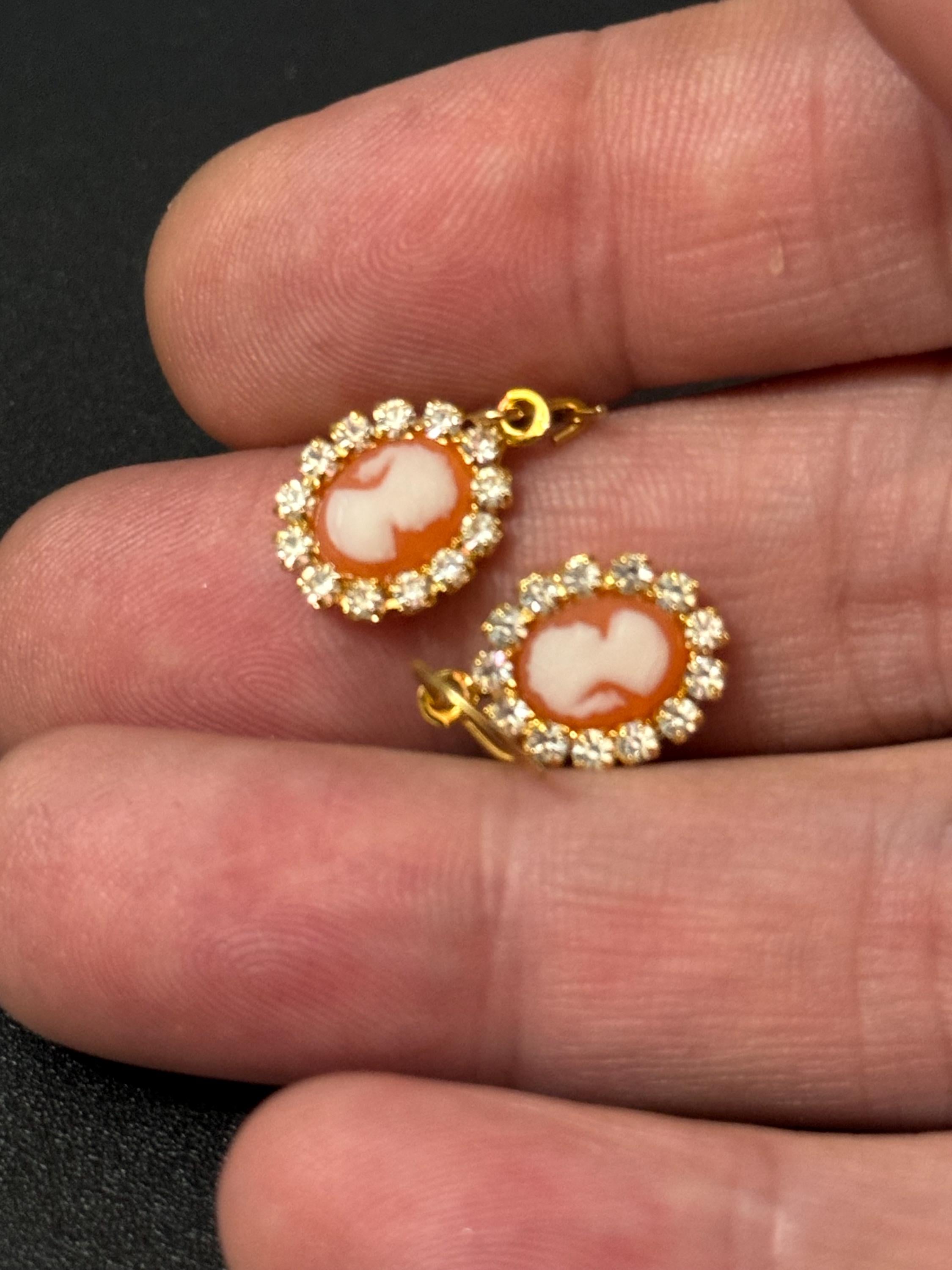 Dainty Diamanté Cameo Drop Earrings: 1970s French
