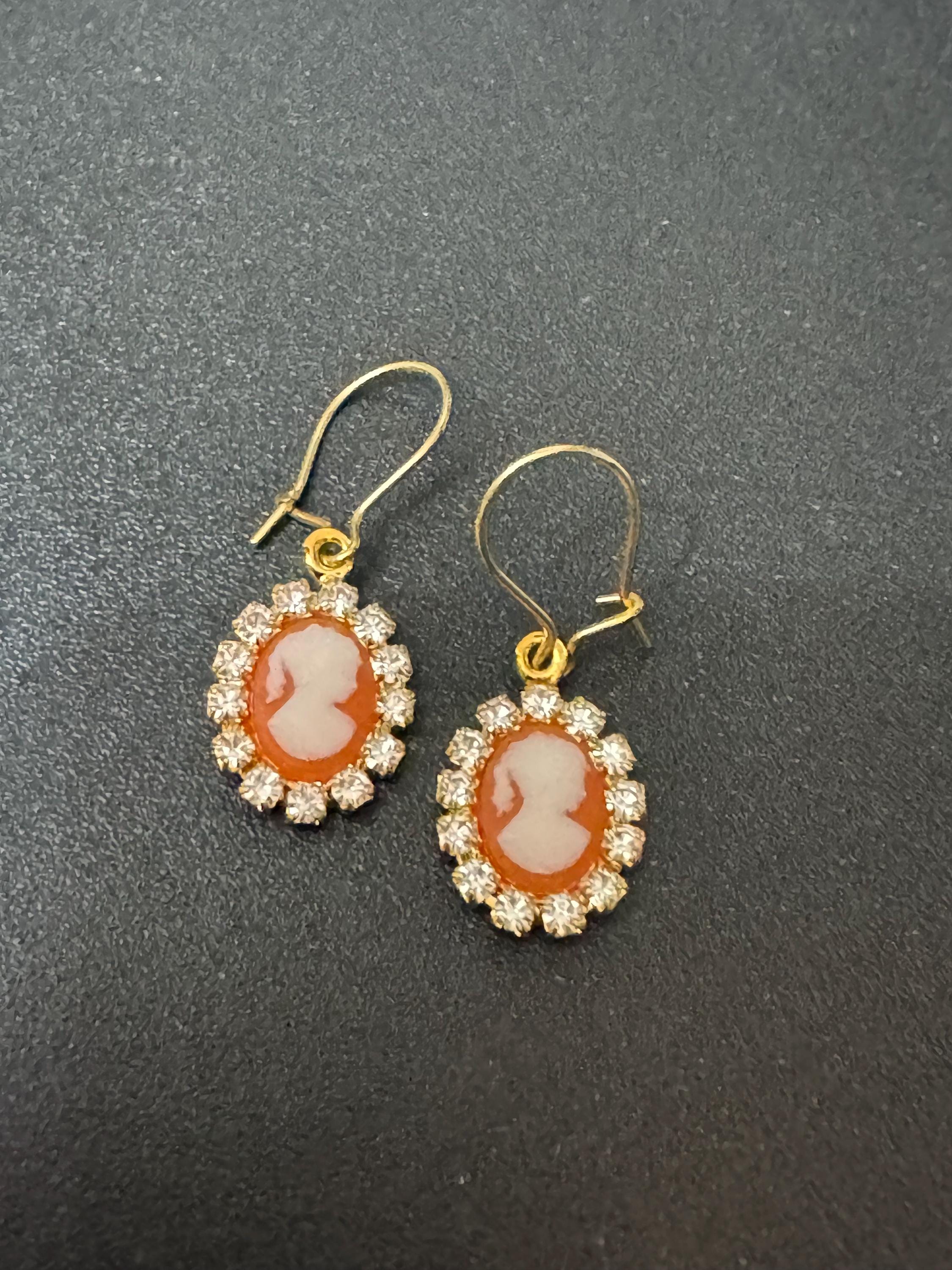 Dainty Diamanté Cameo Drop Earrings: 1970s French