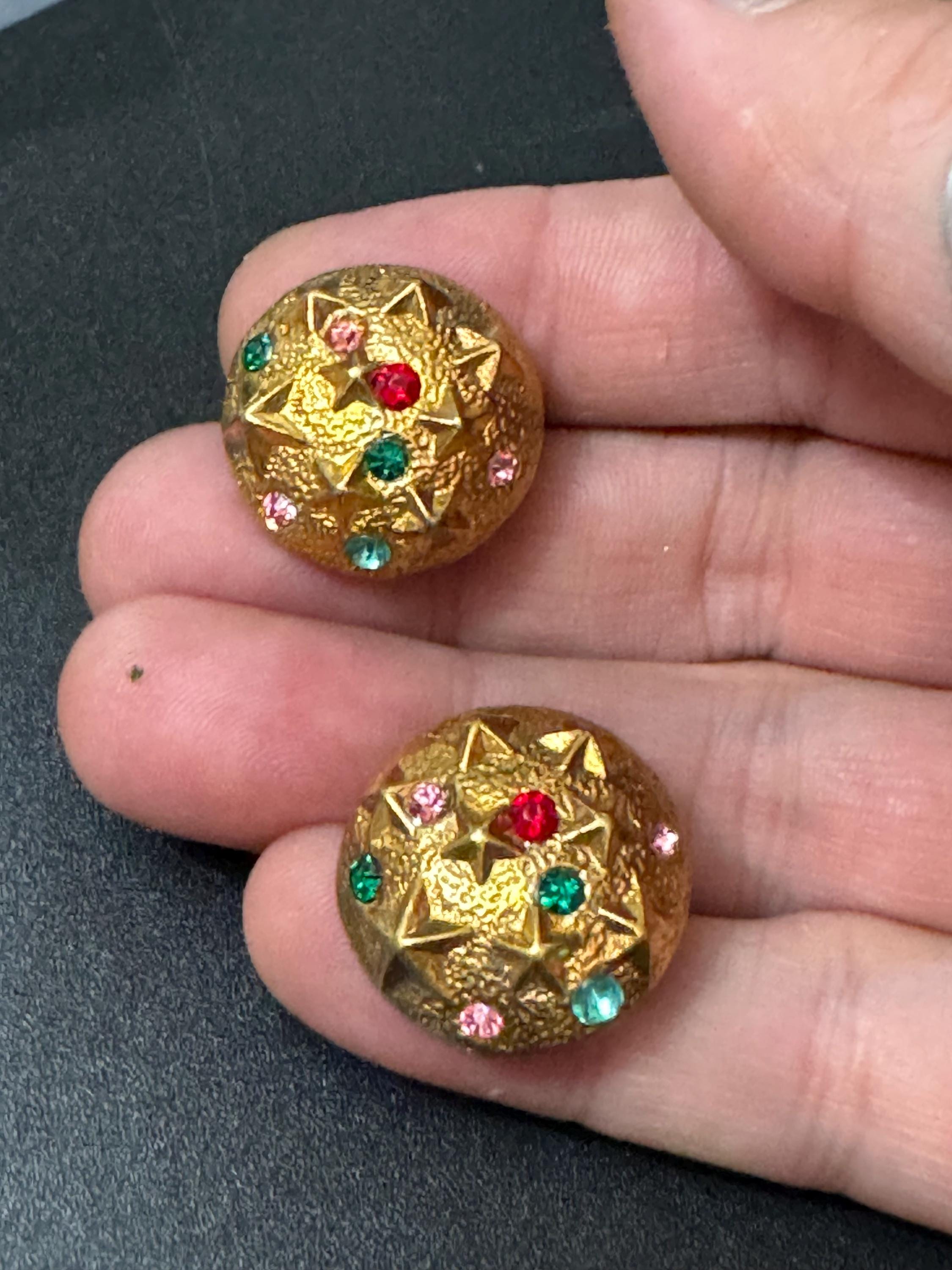 Vintage Starfish Clip On Earrings: Rainbow Diamanté,1960s Gold Tone
