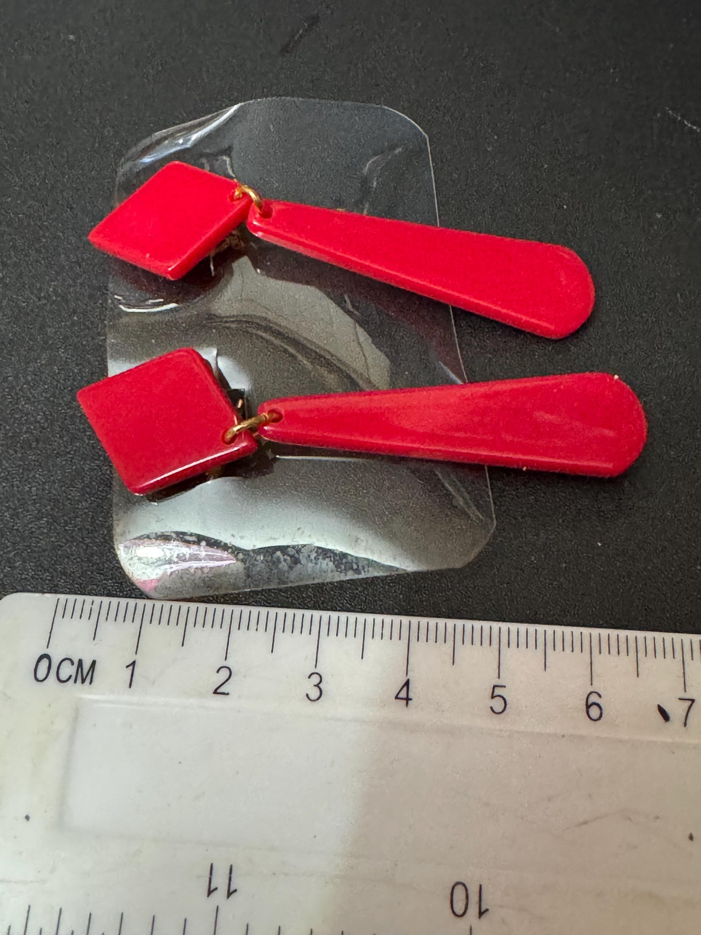 1960s French early plastic red long dangly clip on earrings old shop stock