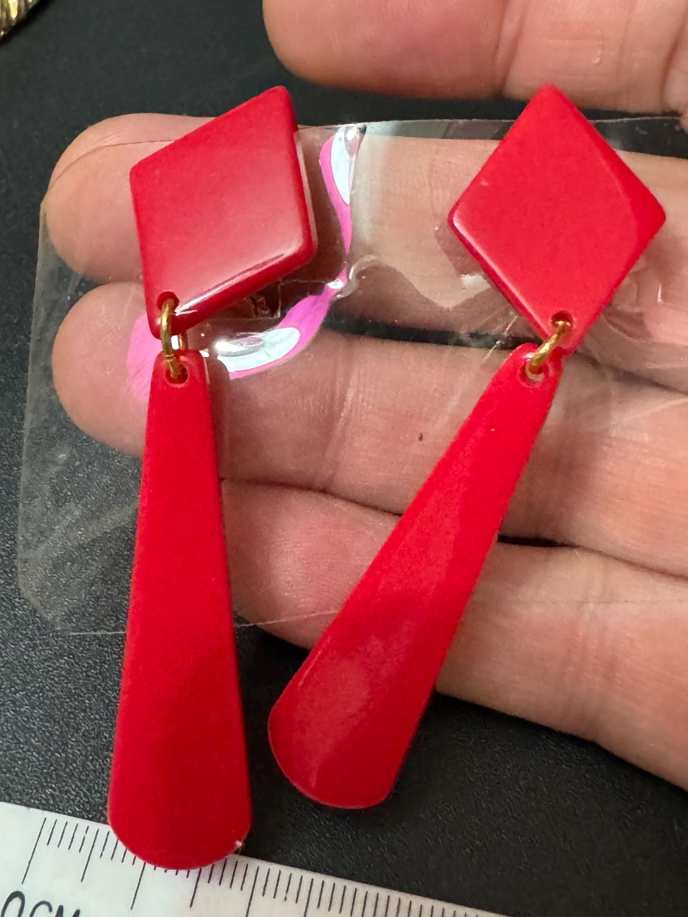 1960s French early plastic red long dangly clip on earrings old shop stock