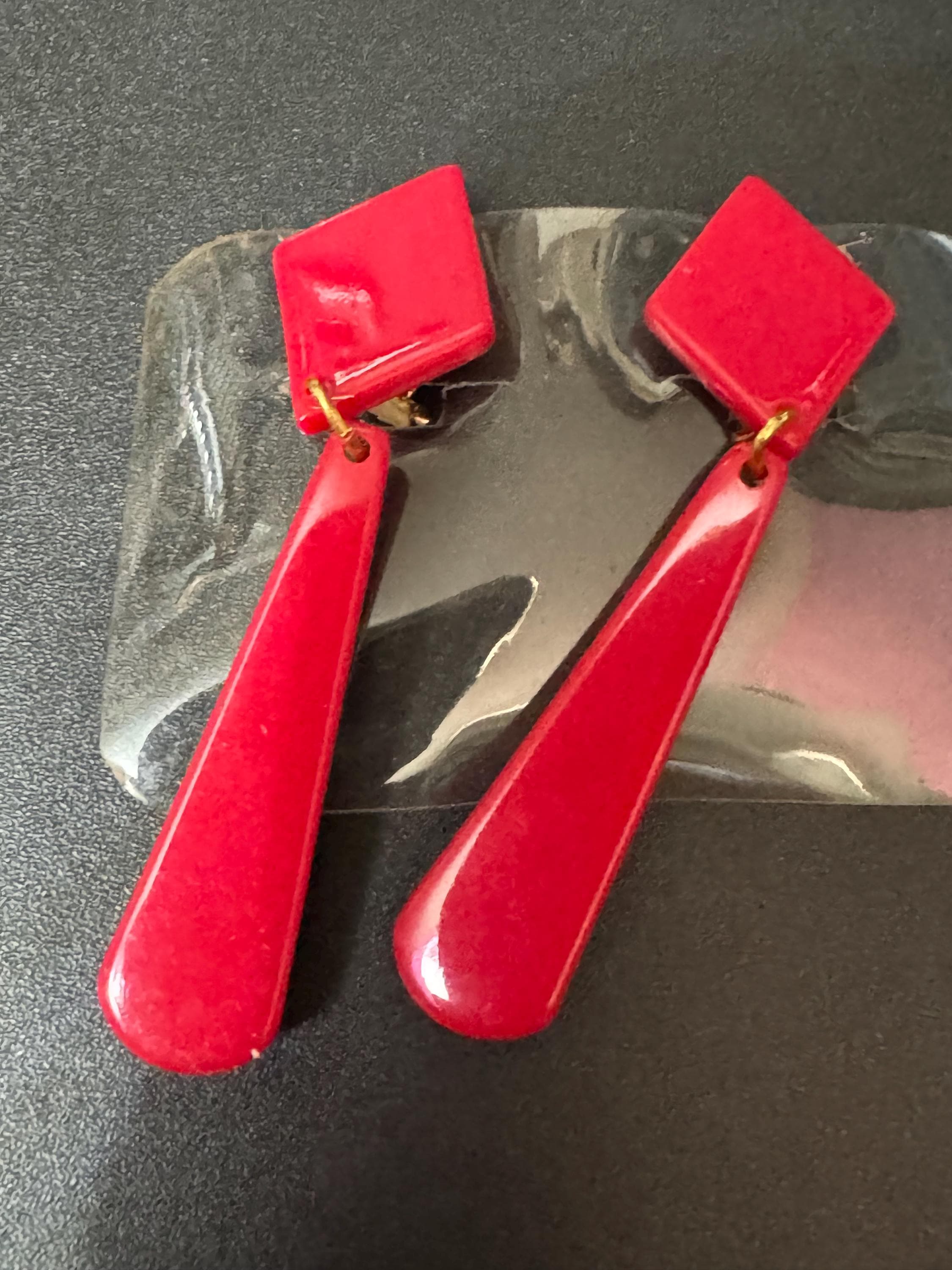 1960s French early plastic red long dangly clip on earrings old shop stock