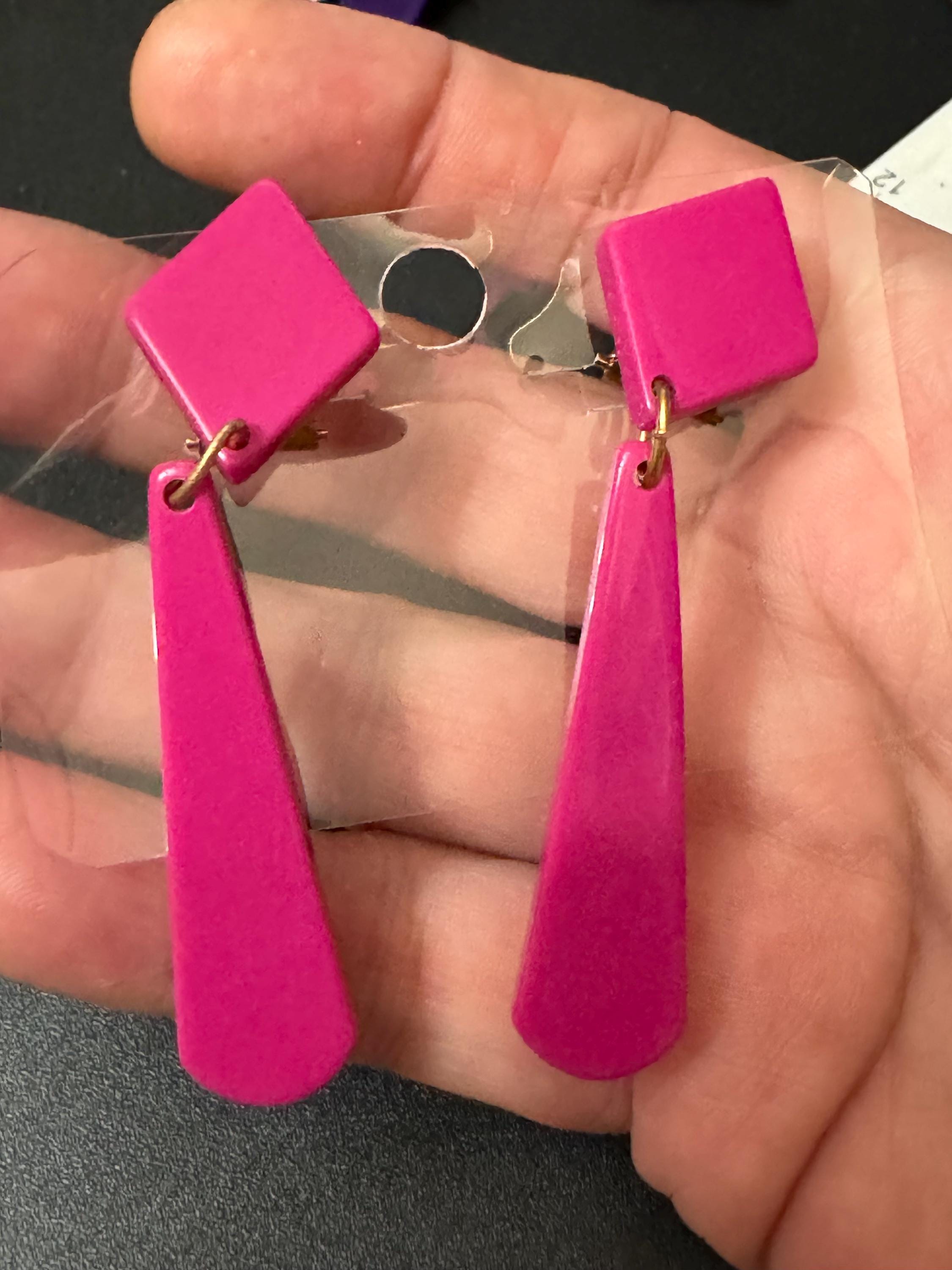 1960s French early plastic pink long dangly clip on earrings old shop stock