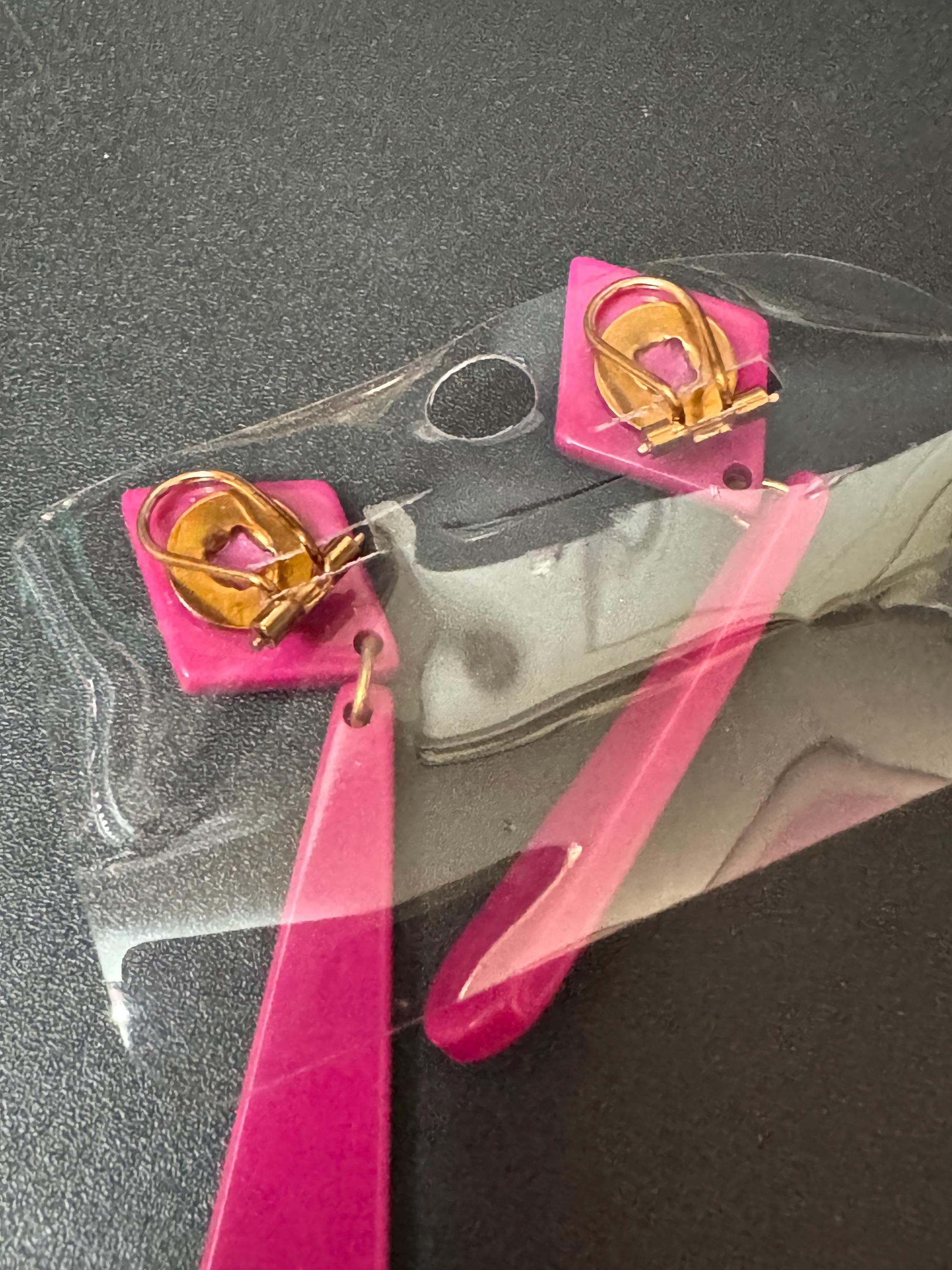 1960s French early plastic pink long dangly clip on earrings old shop stock