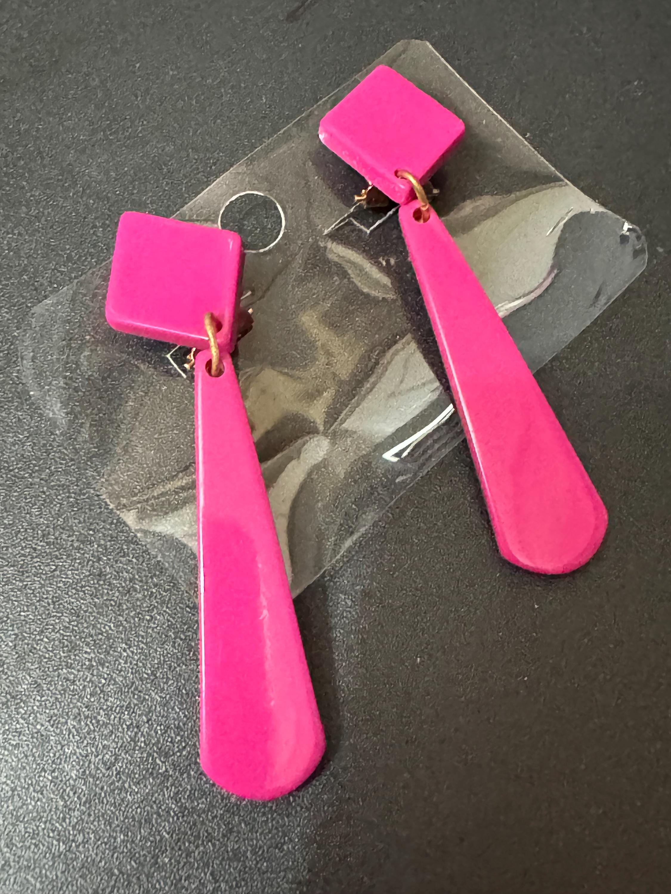 1960s French early plastic pink long dangly clip on earrings old shop stock