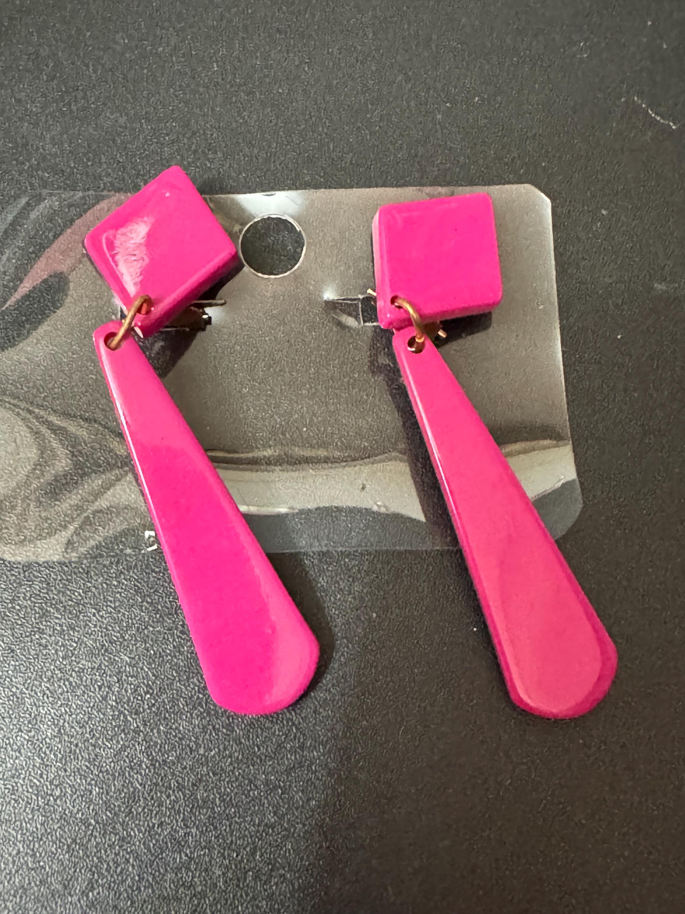 1960s French early plastic pink long dangly clip on earrings old shop stock