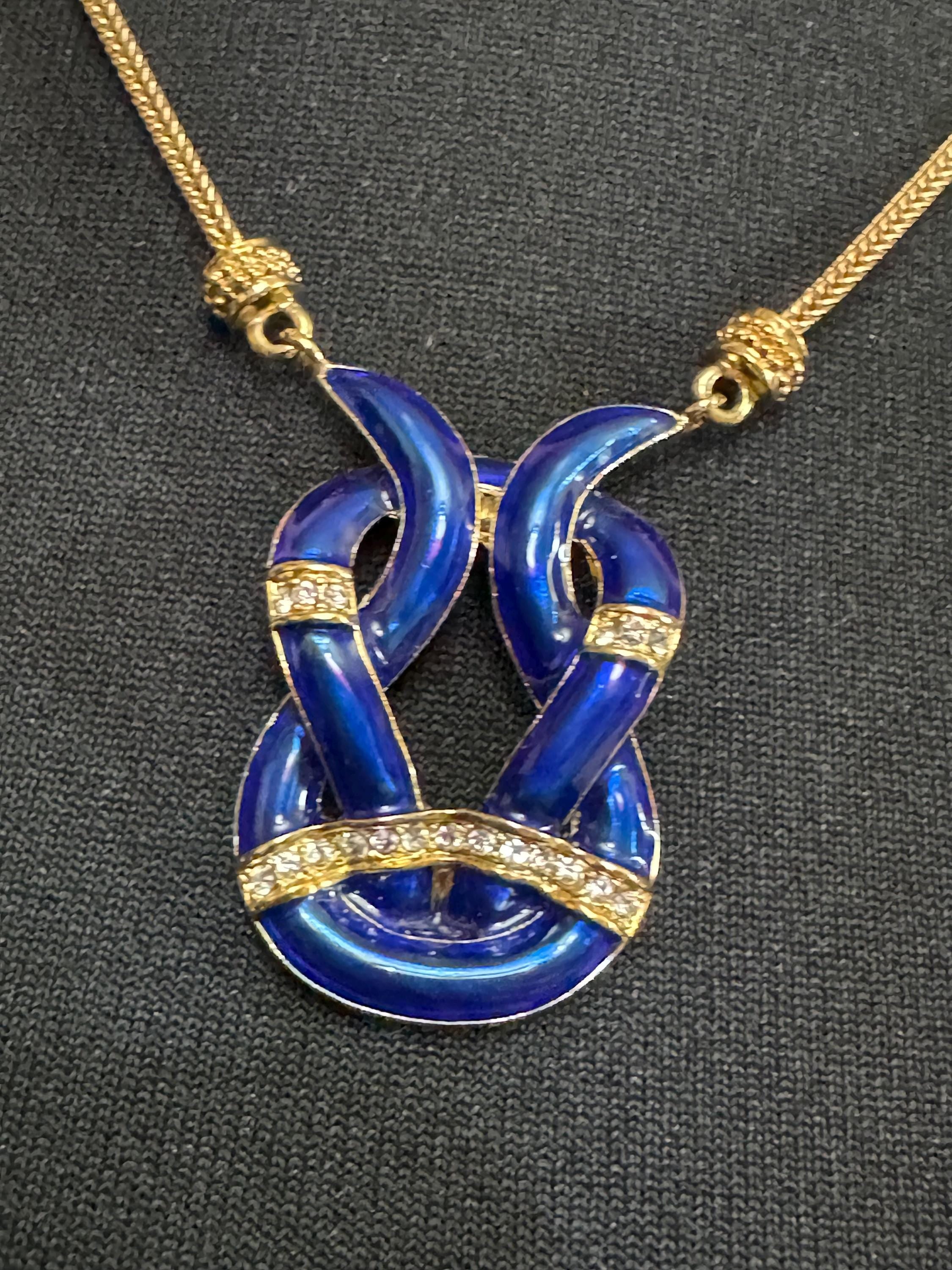 Designer Camrose and kross JBK high end blue enamel and clear rhinestone ornate knot pendant necklace Jacqueline bouvier Kennedy design