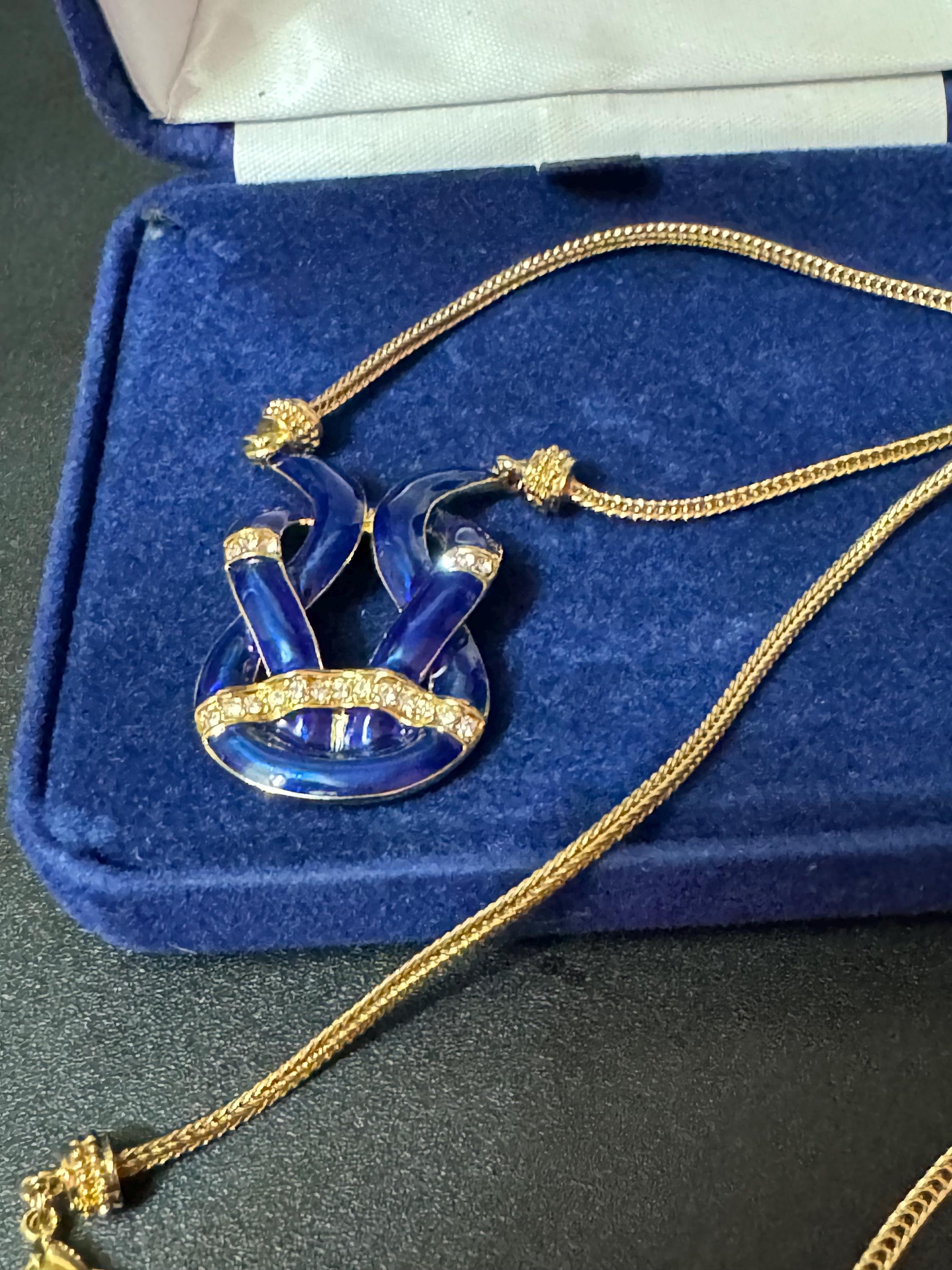 Designer Camrose and kross JBK high end blue enamel and clear rhinestone ornate knot pendant necklace Jacqueline bouvier Kennedy design