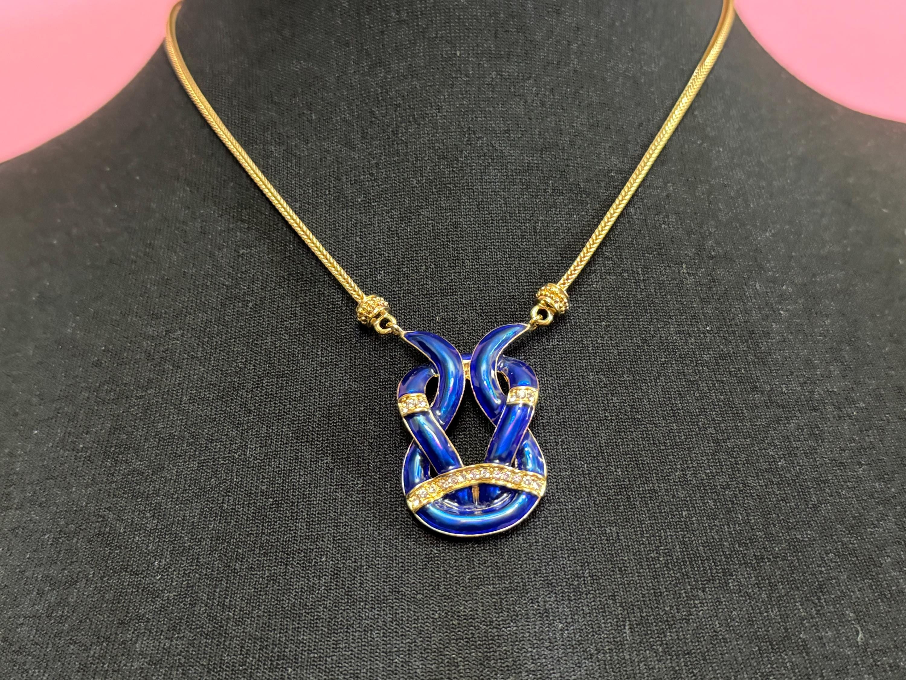 Designer Camrose and kross JBK high end blue enamel and clear rhinestone ornate knot pendant necklace Jacqueline bouvier Kennedy design