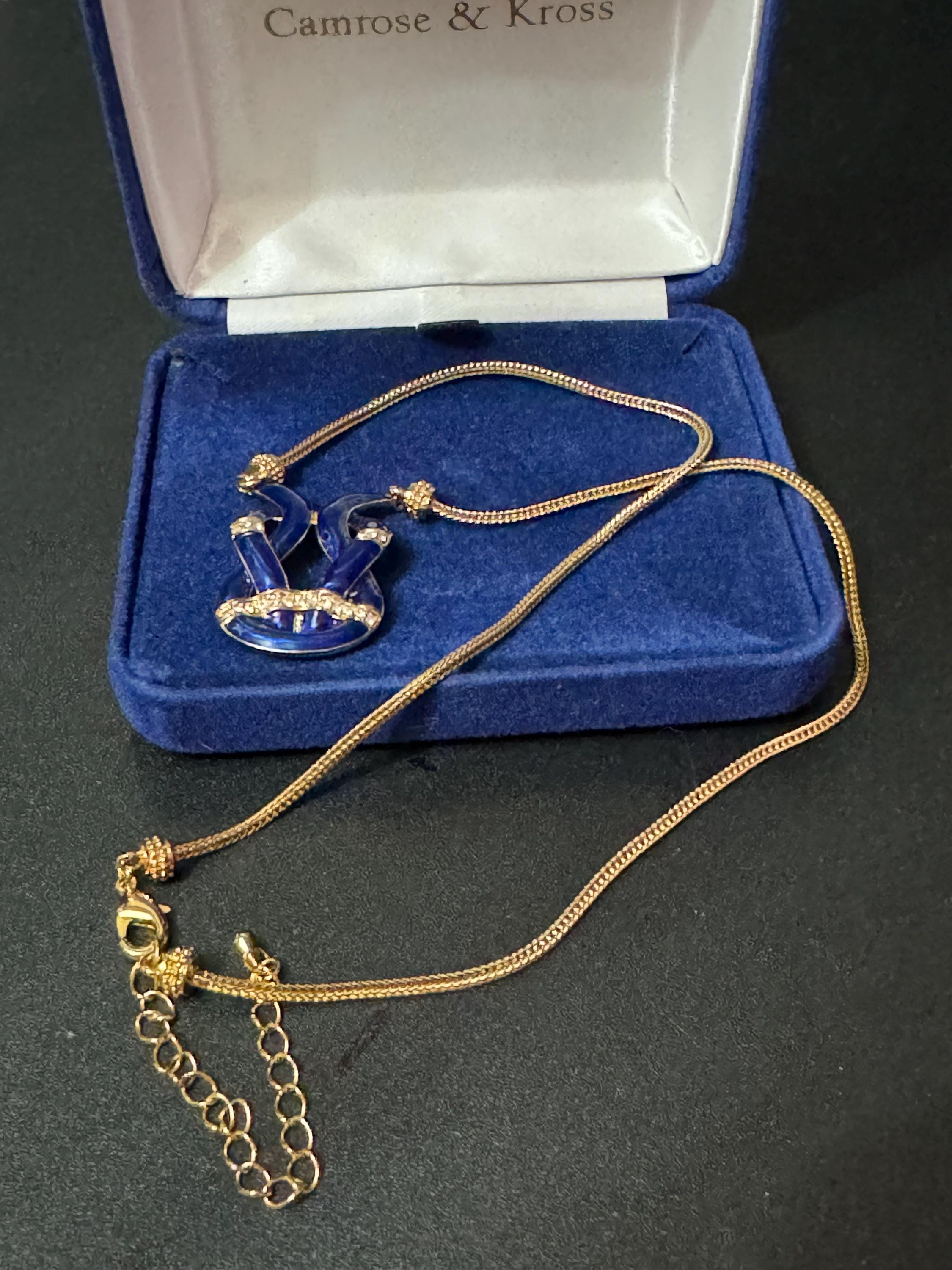 Designer Camrose and kross JBK high end blue enamel and clear rhinestone ornate knot pendant necklace Jacqueline bouvier Kennedy design
