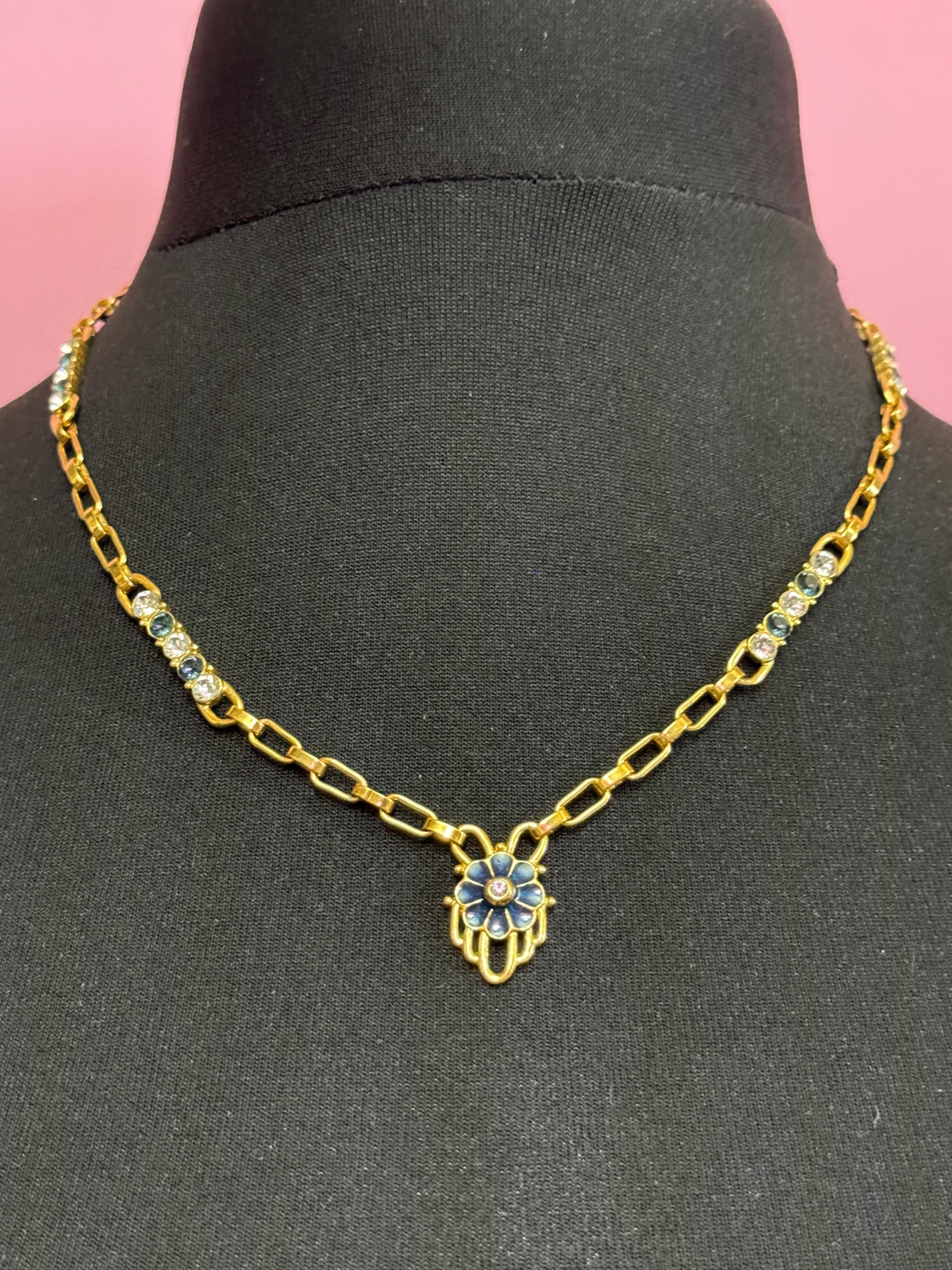 Designer Camrose and kross JBK high end blue and clear rhinestone ornate station link 50cm chain necklace Jacqueline bouvier Kennedy design