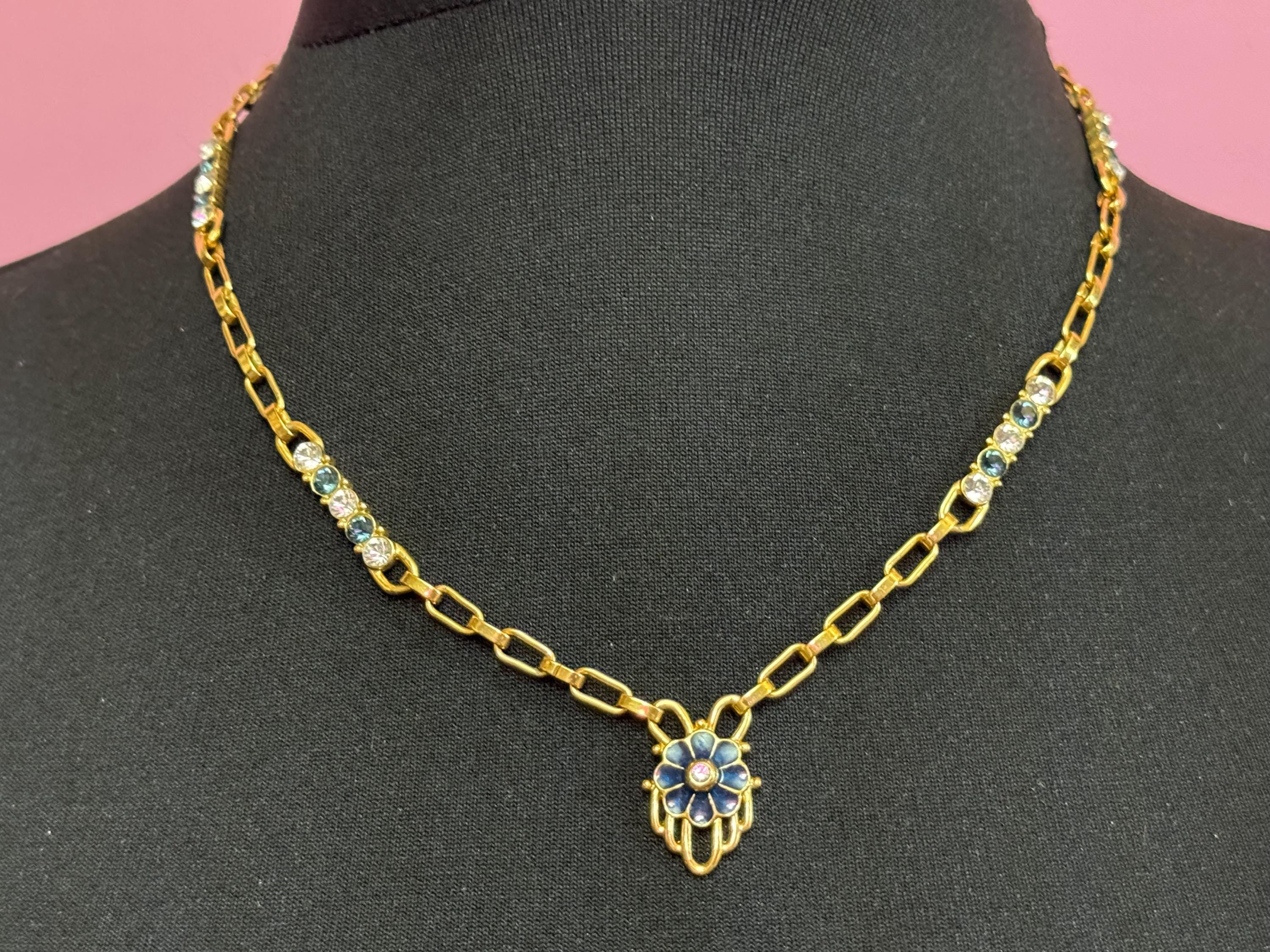 Designer Camrose and kross JBK high end blue and clear rhinestone ornate station link 50cm chain necklace Jacqueline bouvier Kennedy design