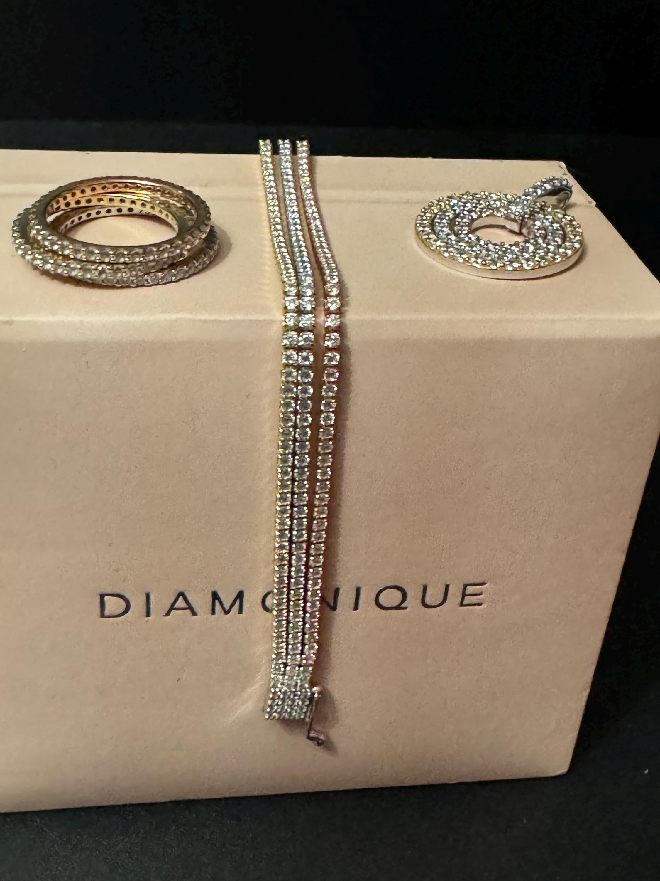 Retro Diamonique jewellery set tricolour bracelet pendant and stacking rings rose gold 925 sterling silver
