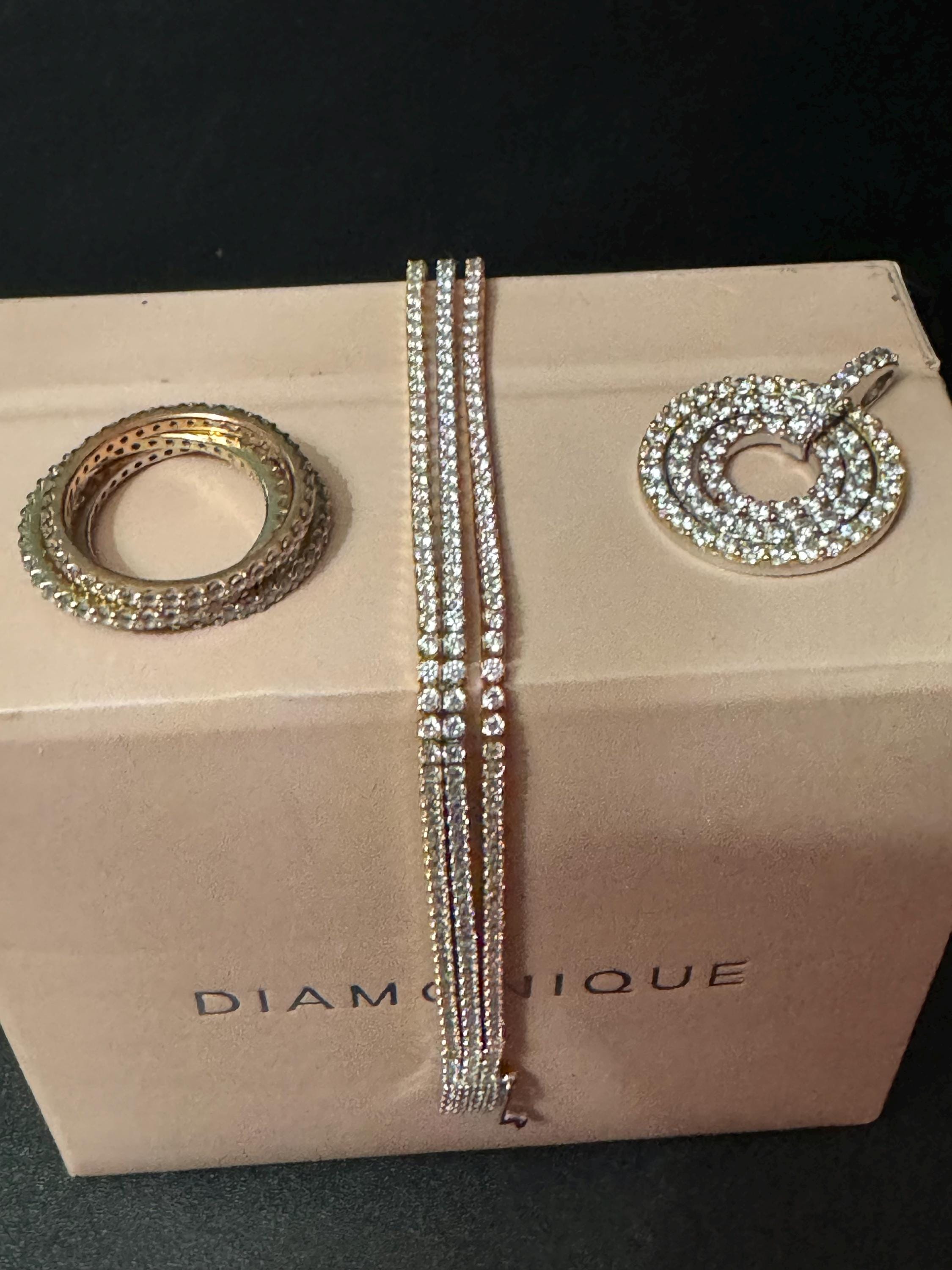 Retro Diamonique jewellery set tricolour bracelet pendant and stacking rings rose gold 925 sterling silver