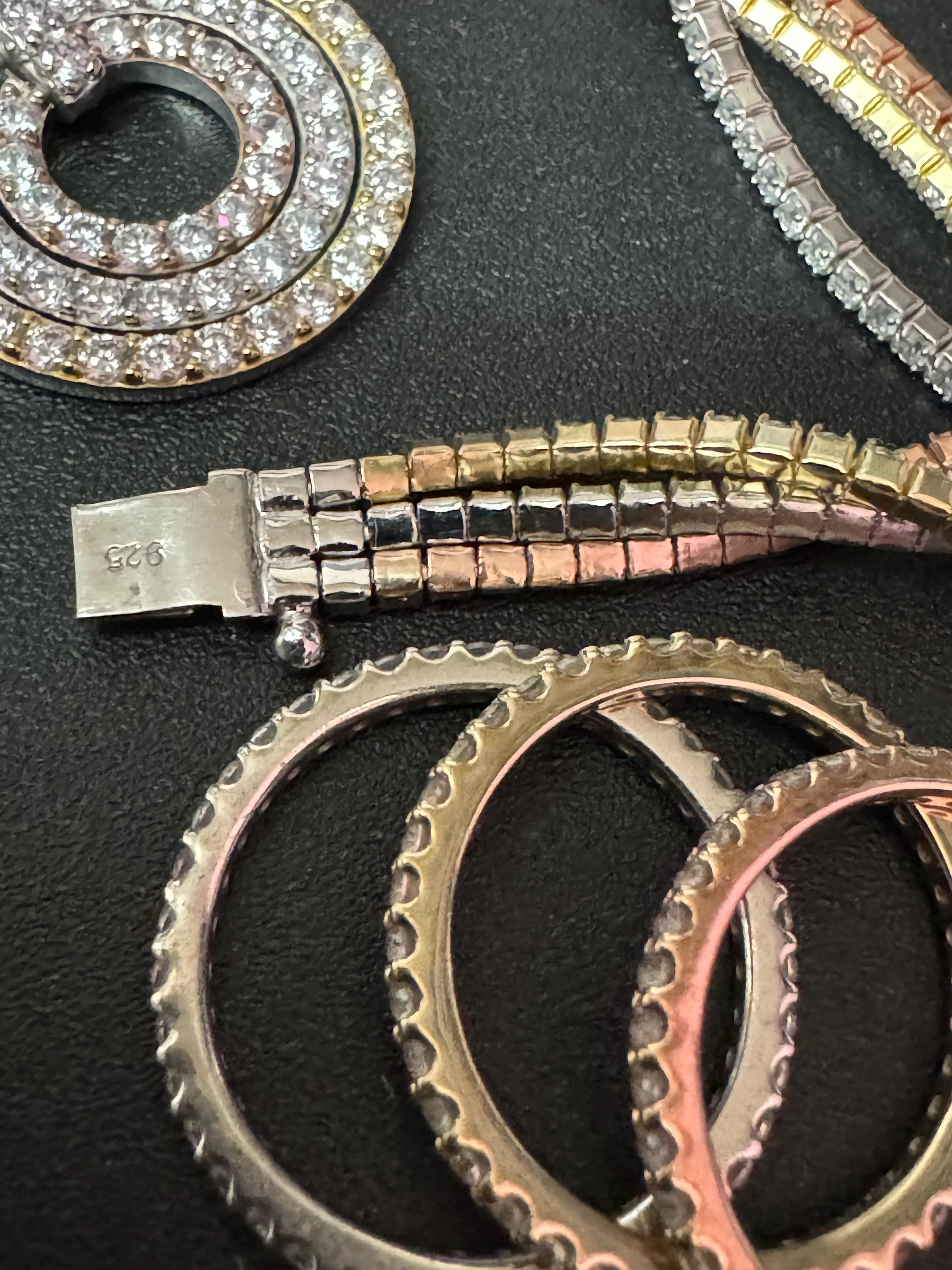 Retro Diamonique jewellery set tricolour bracelet pendant and stacking rings rose gold 925 sterling silver