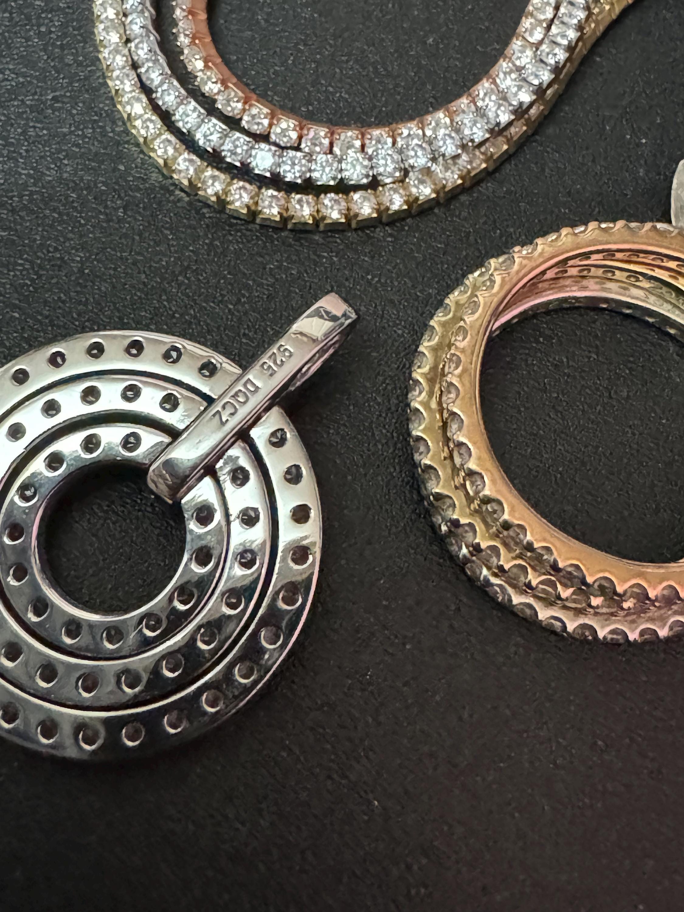 Retro Diamonique jewellery set tricolour bracelet pendant and stacking rings rose gold 925 sterling silver