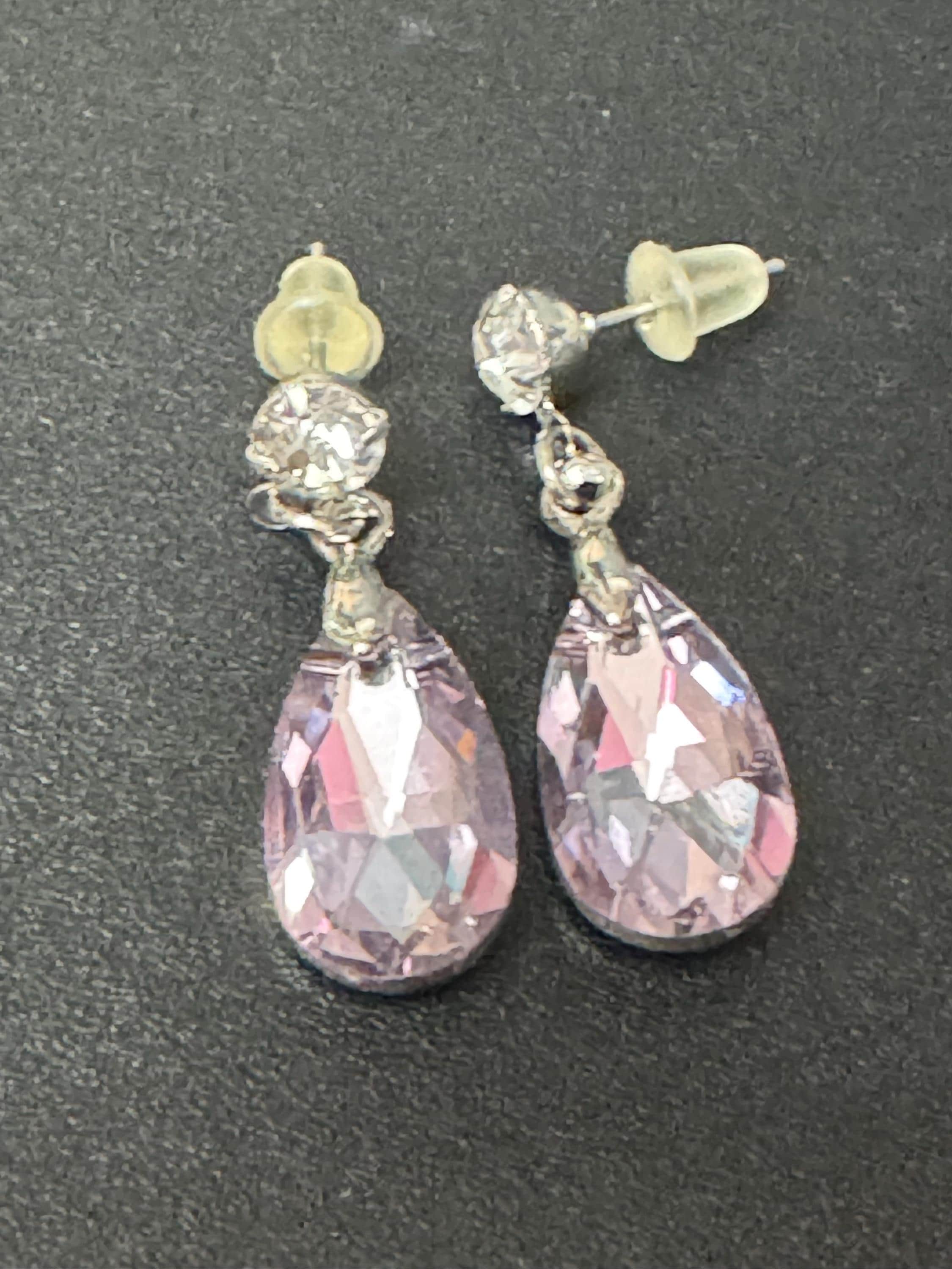 PINK Coloured Crystal diamanté teardrop dangly earrings retro unused shop stock pierced stainless steel