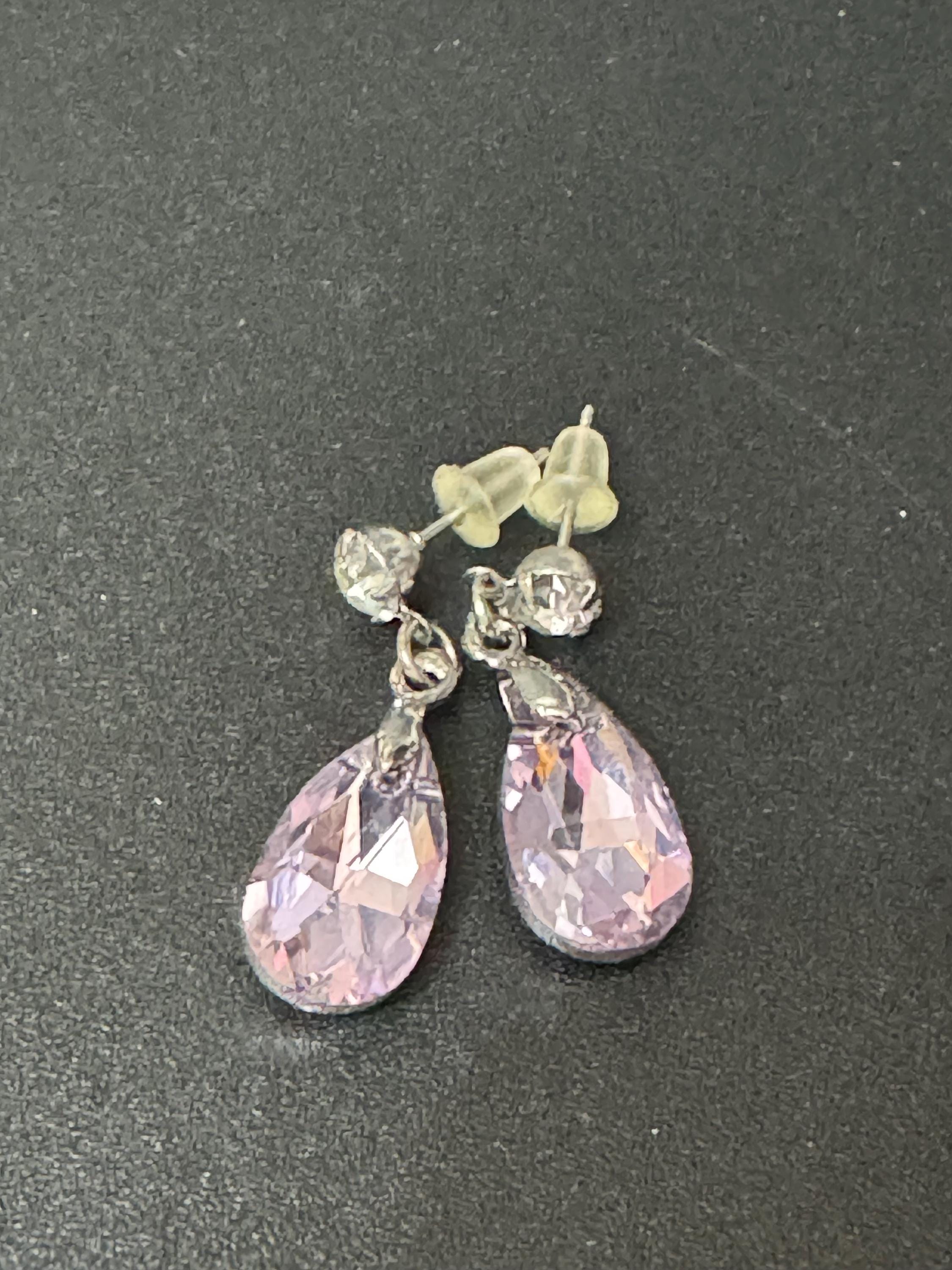 PINK Coloured Crystal diamanté teardrop dangly earrings retro unused shop stock pierced stainless steel