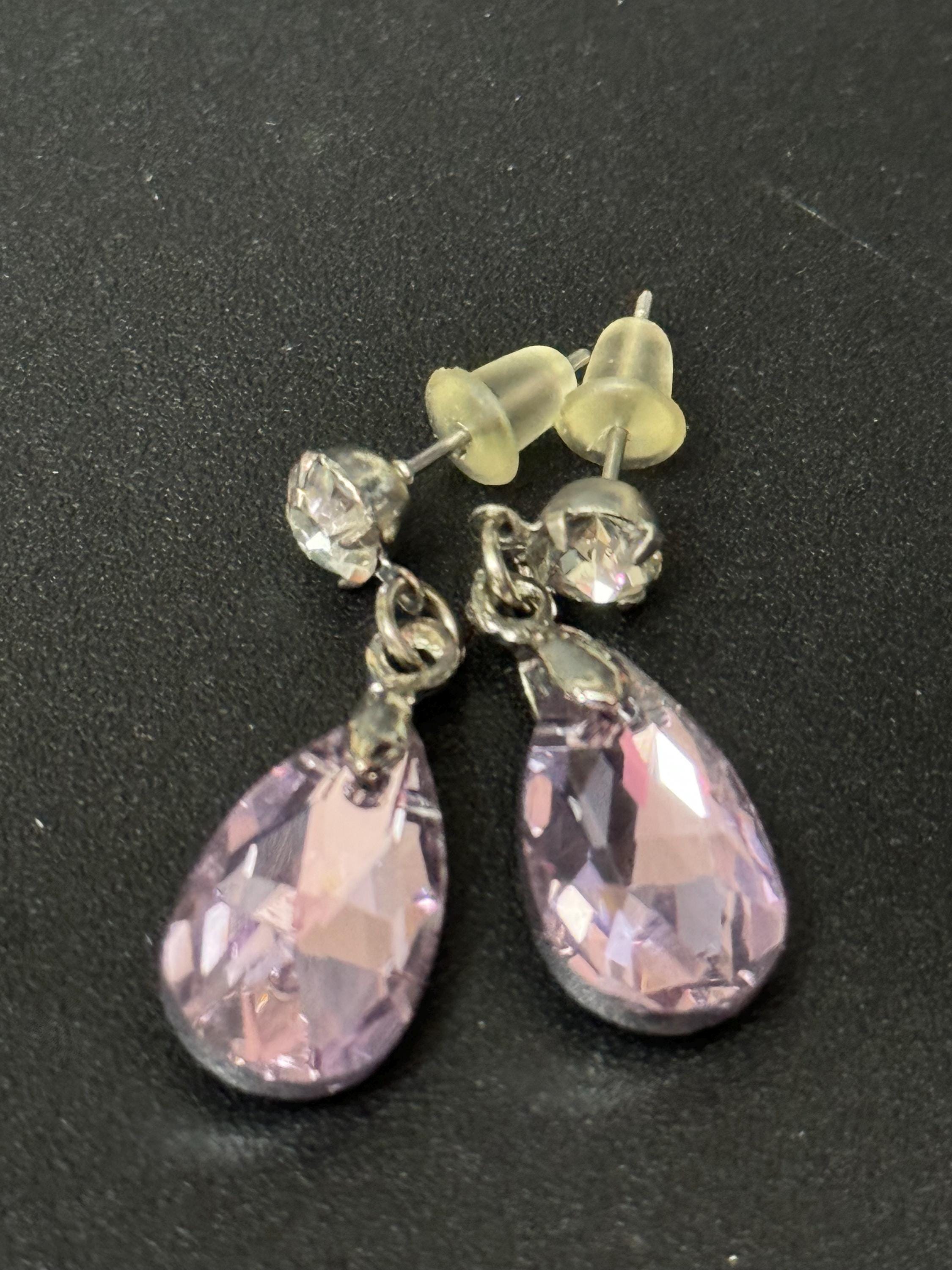 PINK Coloured Crystal diamanté teardrop dangly earrings retro unused shop stock pierced stainless steel