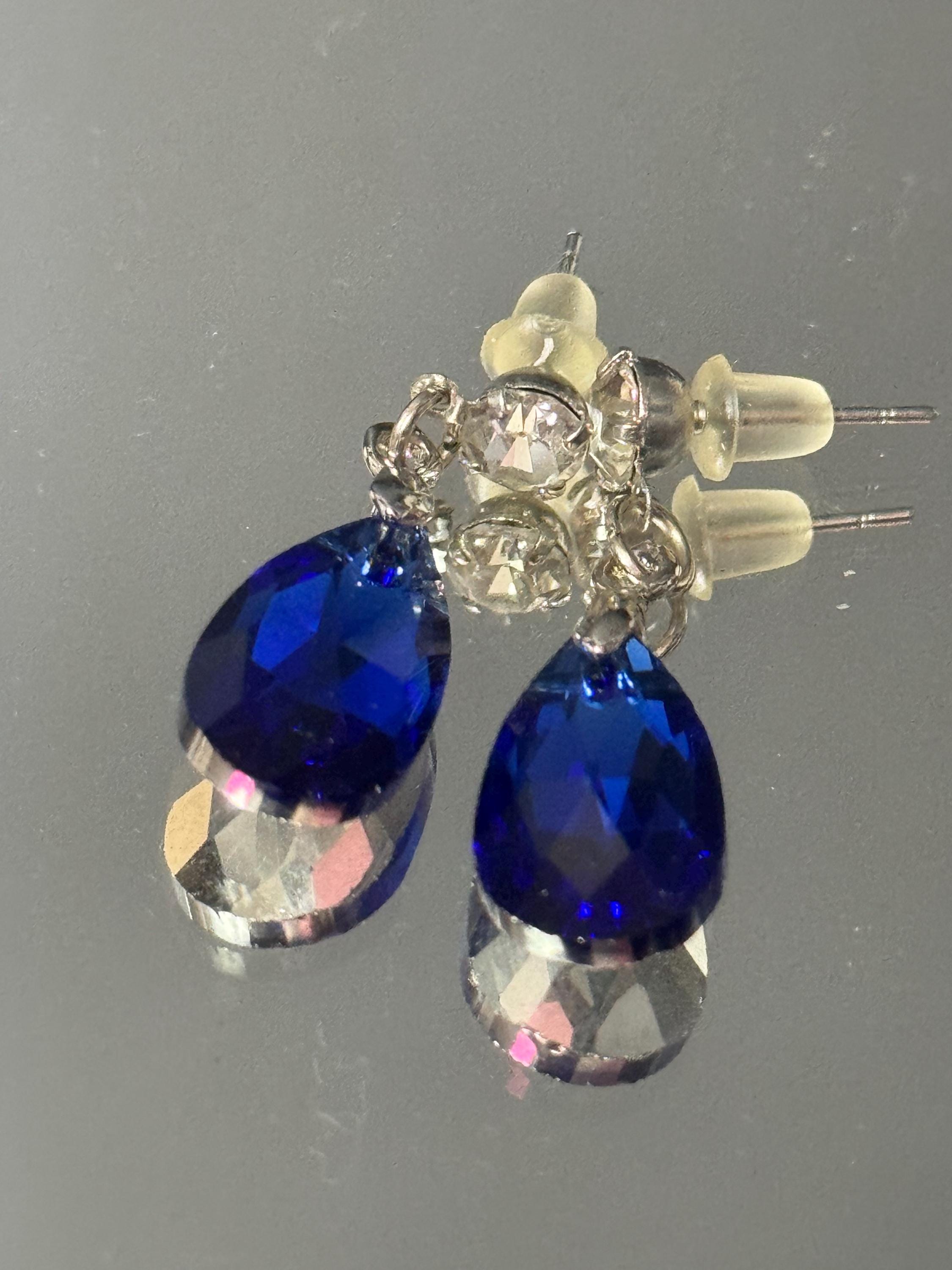 Sapphire blue Coloured Crystal diamanté teardrop dangly earrings retro unused shop stock pierced stainless steel