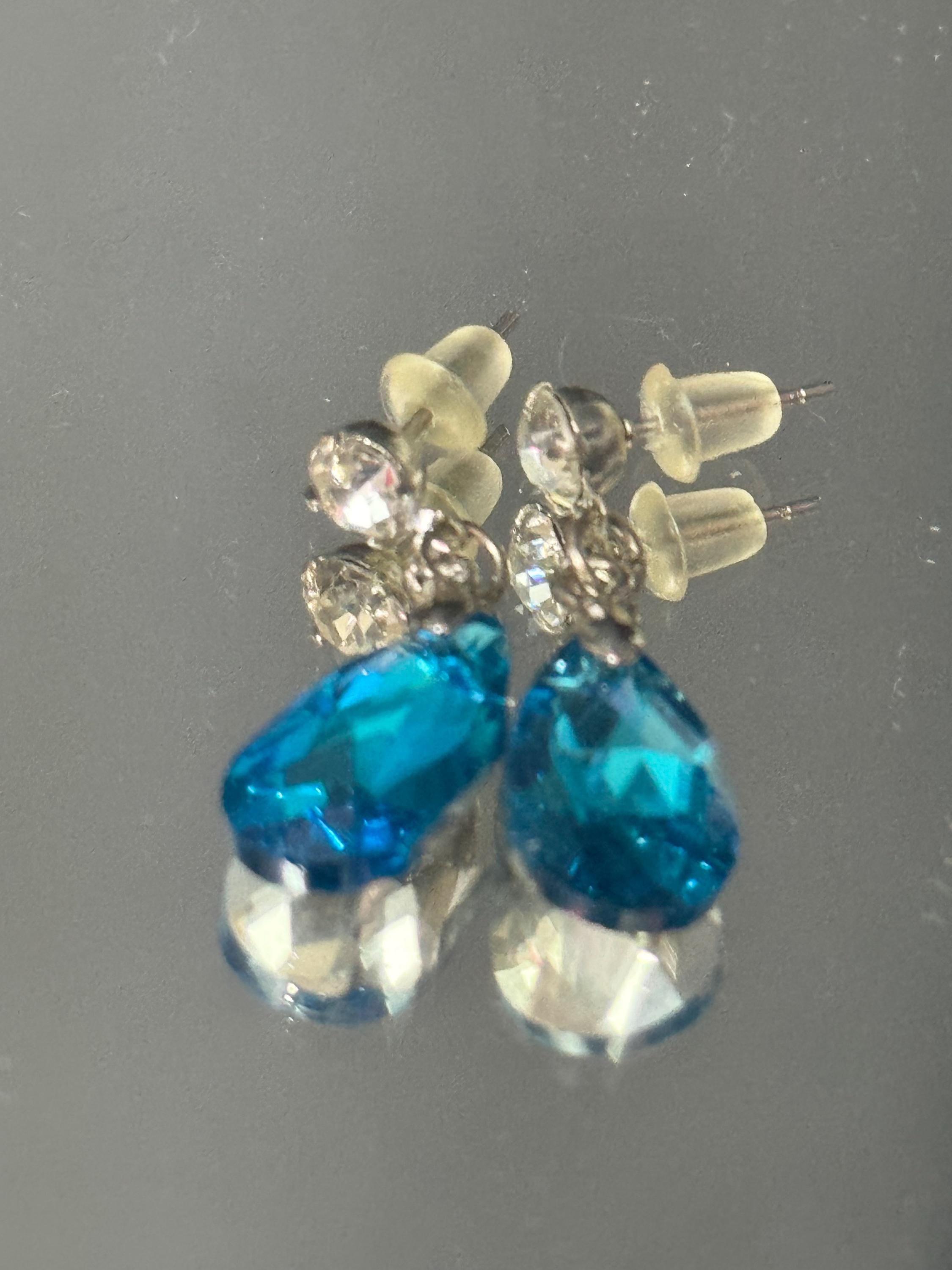 Teal Crystal Teardrop Earrings: Retro Diamanté Stainless Steel