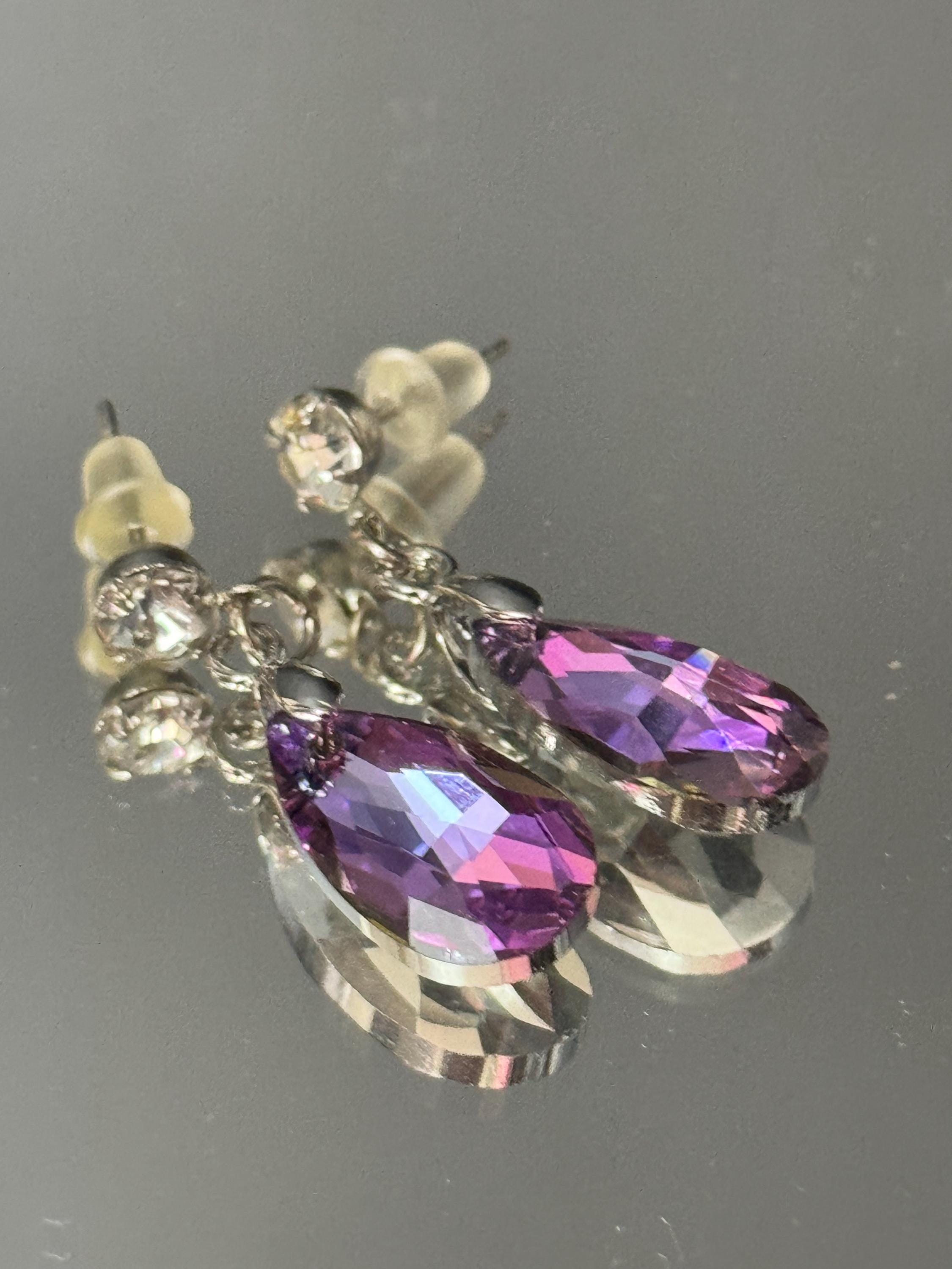 Lilac Purple Crystal Teardrop Earrings: Retro Stainless Steel Dangle