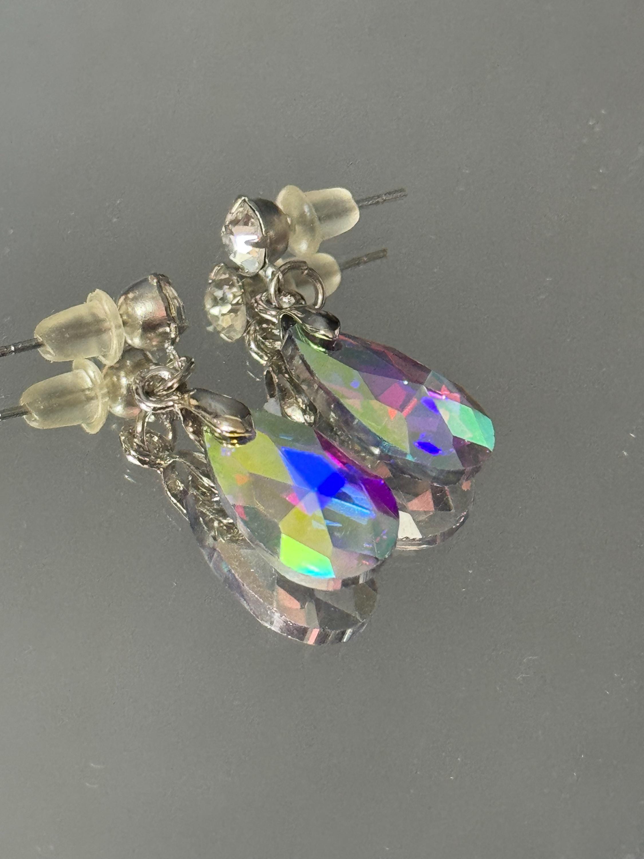 clear AB rainbow glass Coloured Crystal diamanté teardrop dangly earrings retro unused shop stock pierced stainless steel