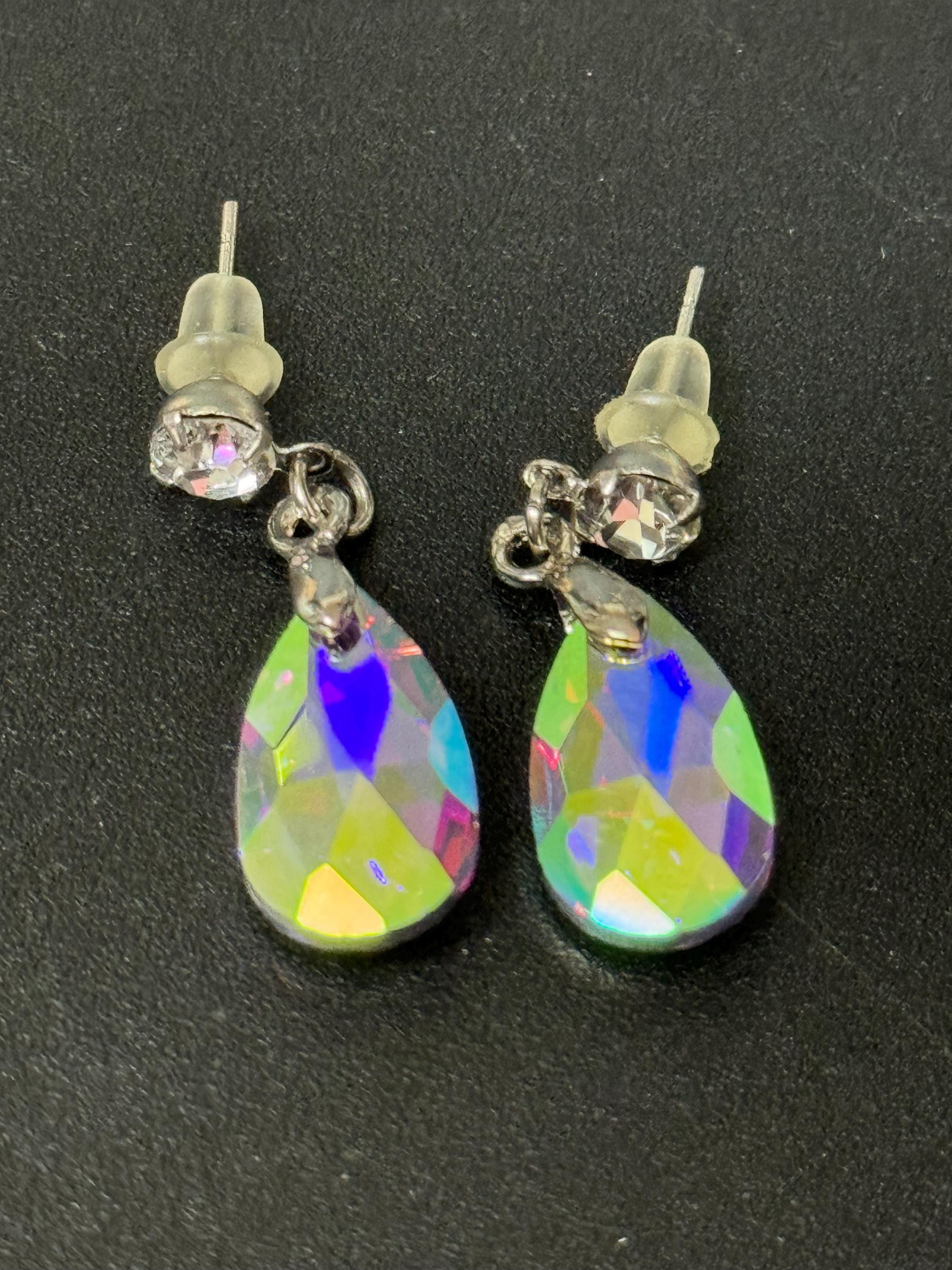 clear AB rainbow glass Coloured Crystal diamanté teardrop dangly earrings retro unused shop stock pierced stainless steel
