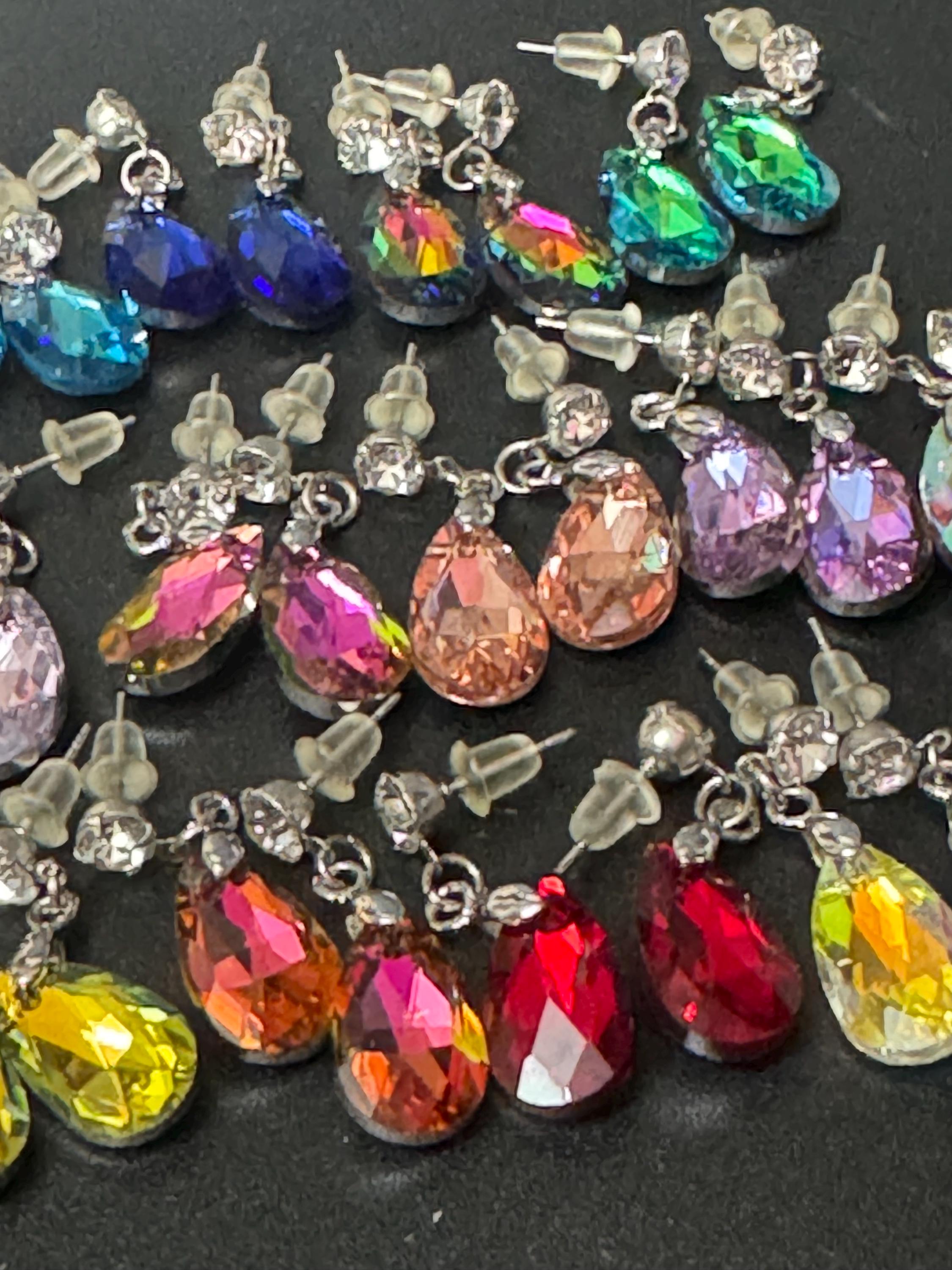 clear AB rainbow glass Coloured Crystal diamanté teardrop dangly earrings retro unused shop stock pierced stainless steel