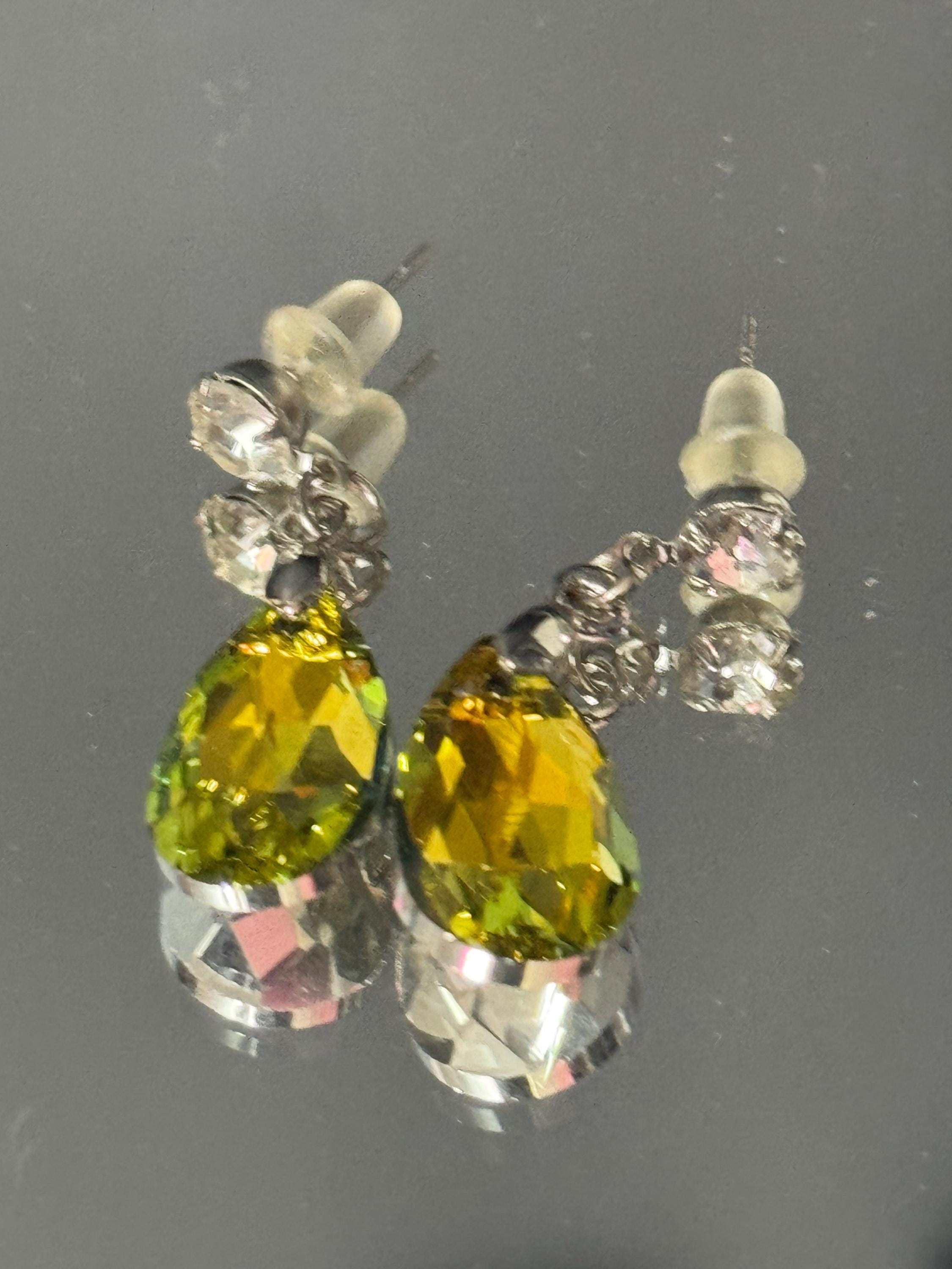 glass Coloured Crystal diamanté teardrop dangly earrings retro unused shop stock pierced stainless steel citrine yellow
