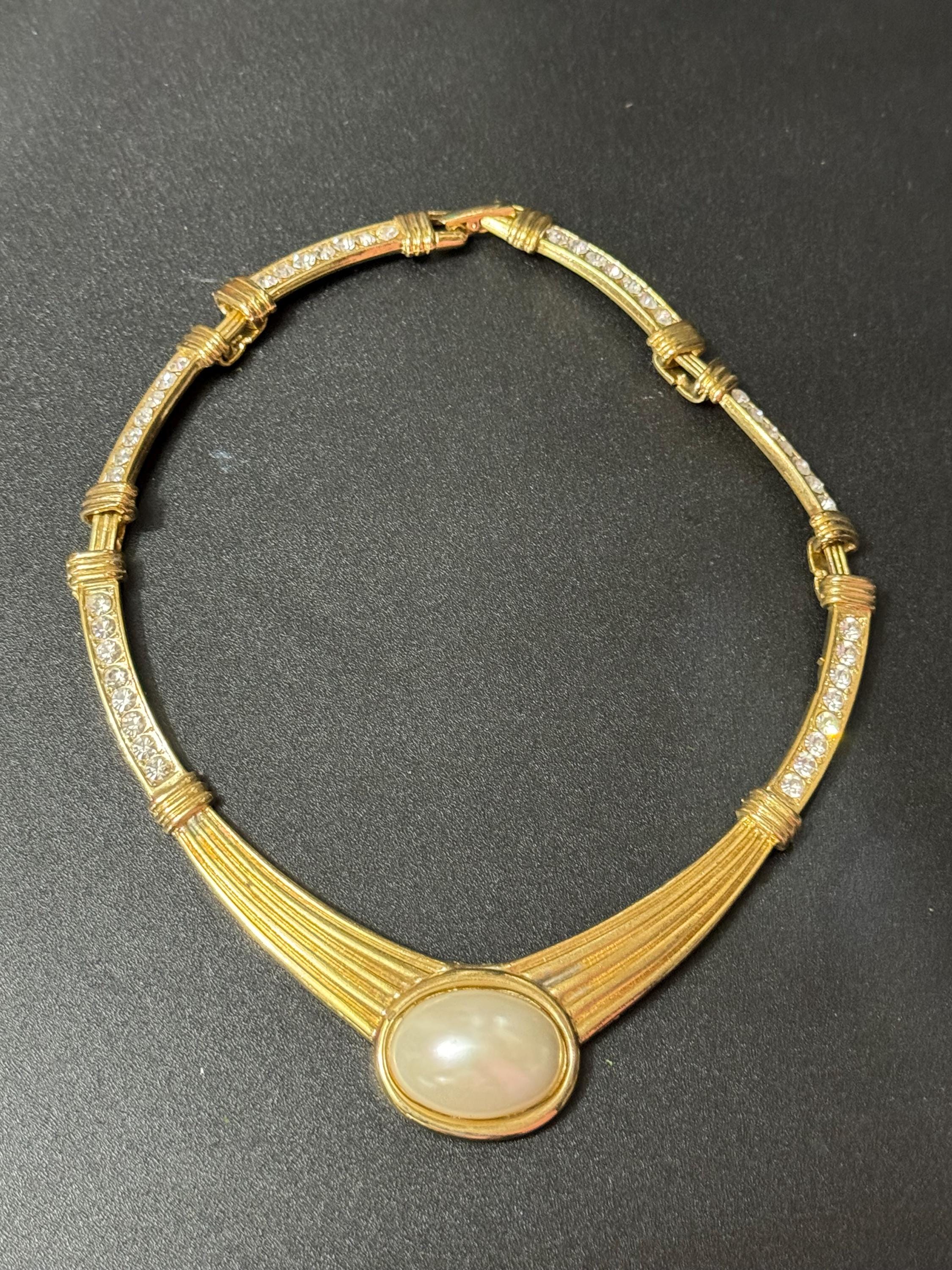 80s Retro Gold Tone Pearl Cabochon Diamanté Choker Necklace