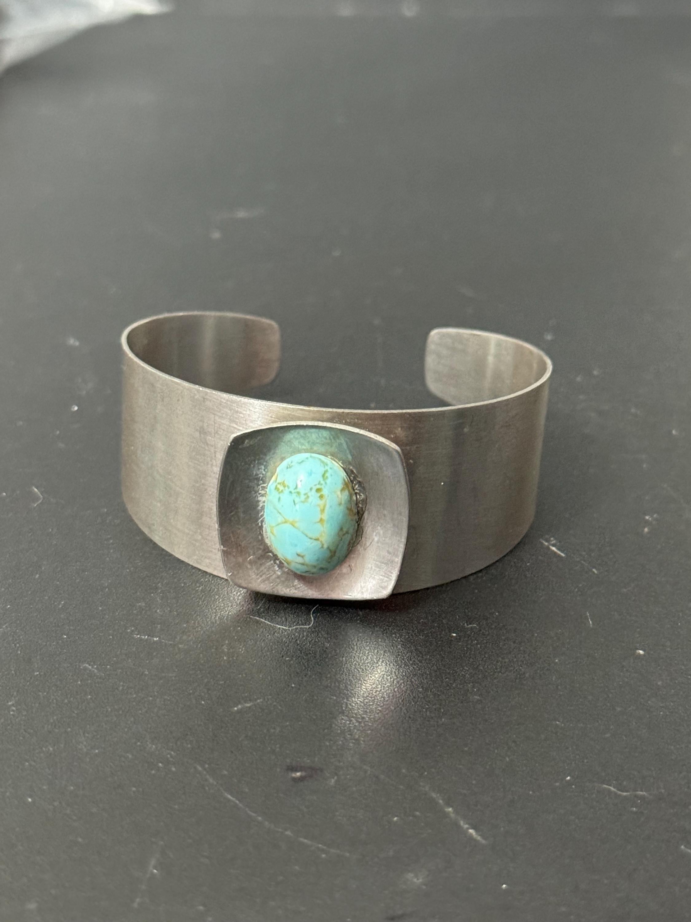 Brutalist blue gemstone stainless steel wide bangle 1970s modernist