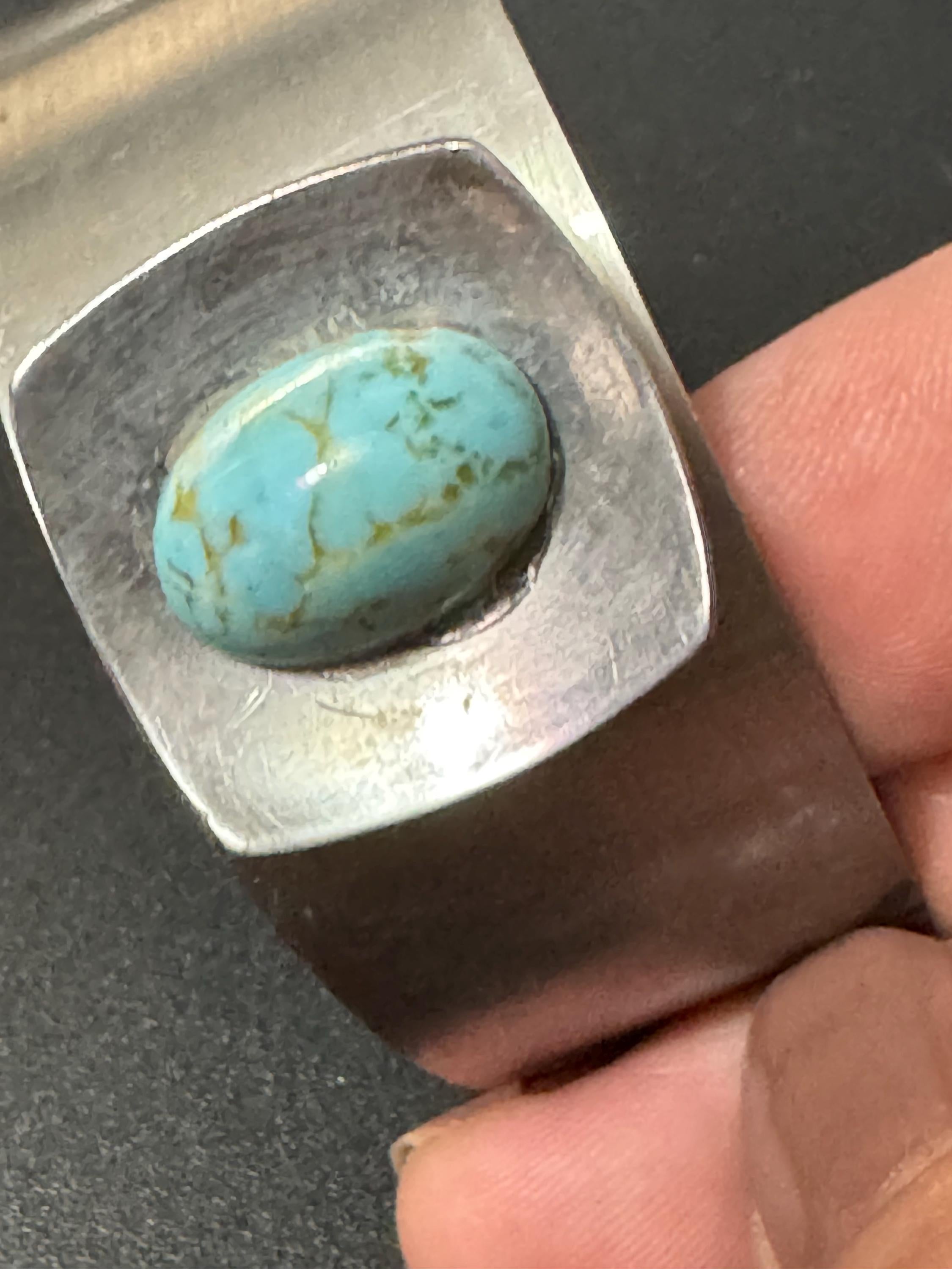 Brutalist blue gemstone stainless steel wide bangle 1970s modernist