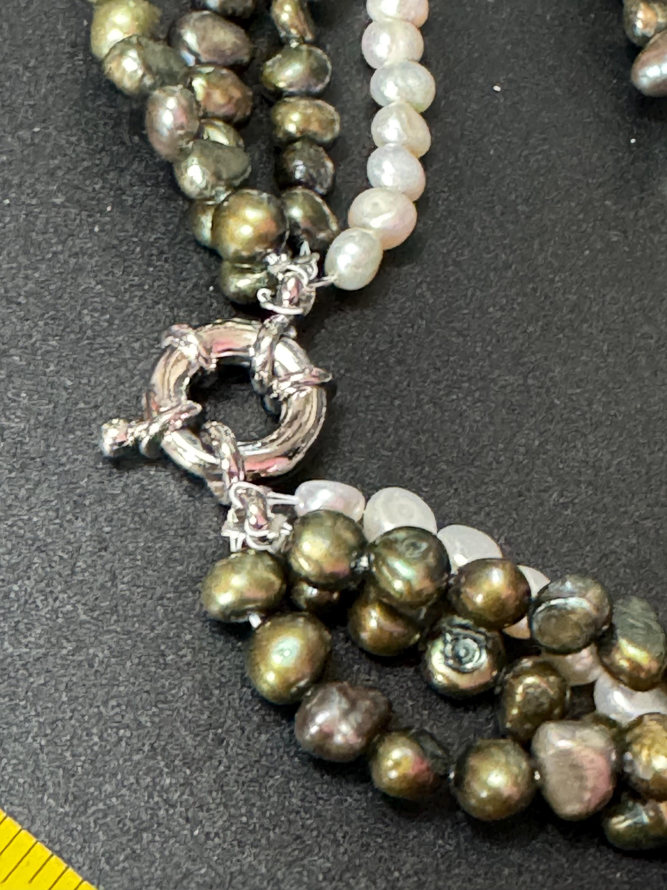 Vintage khaki olive green and grey genuine dyed freshwater pearl twisted multi-strand necklace with oversized clasp silver tone