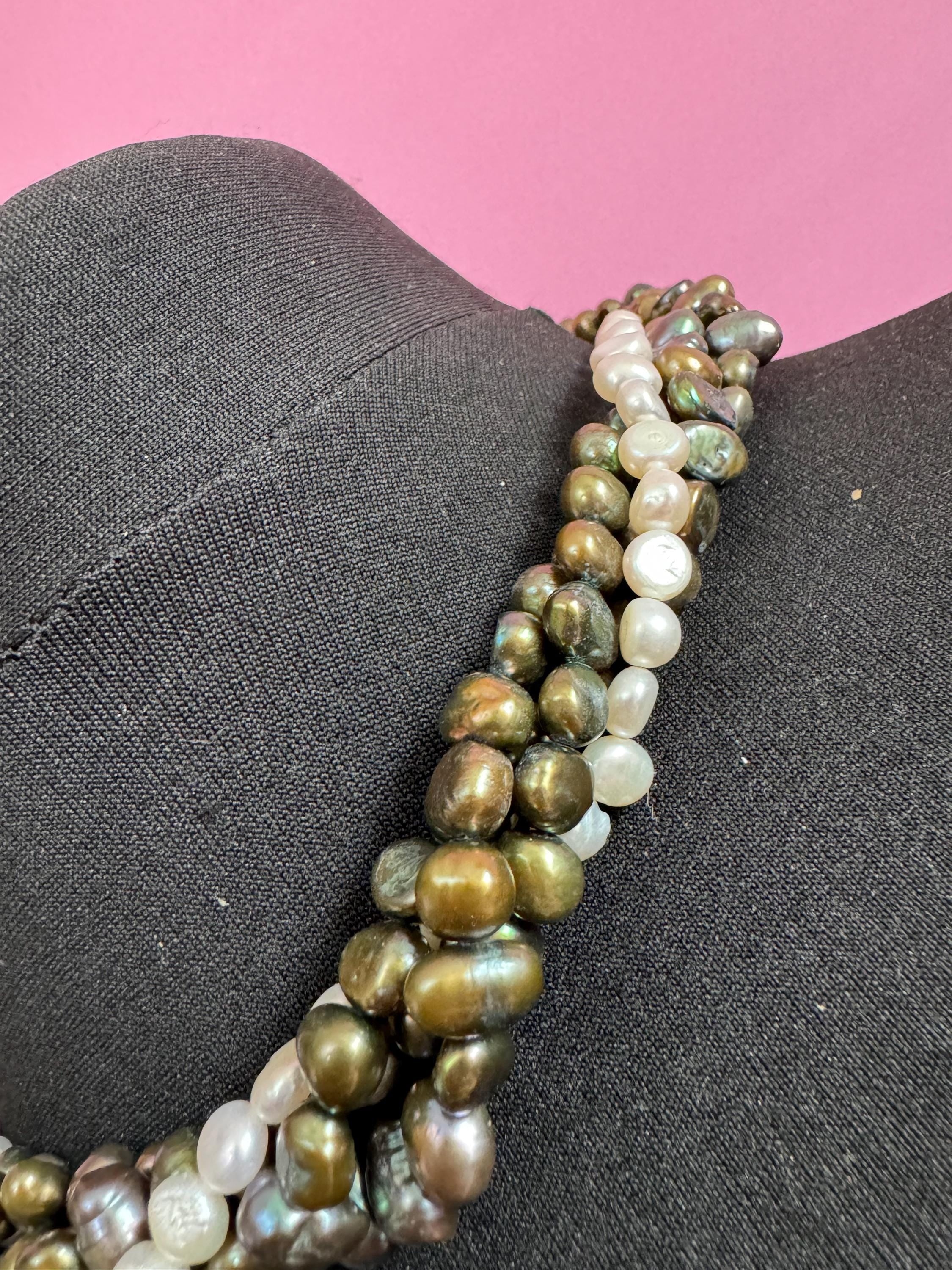 Vintage khaki olive green and grey genuine dyed freshwater pearl twisted multi-strand necklace with oversized clasp silver tone