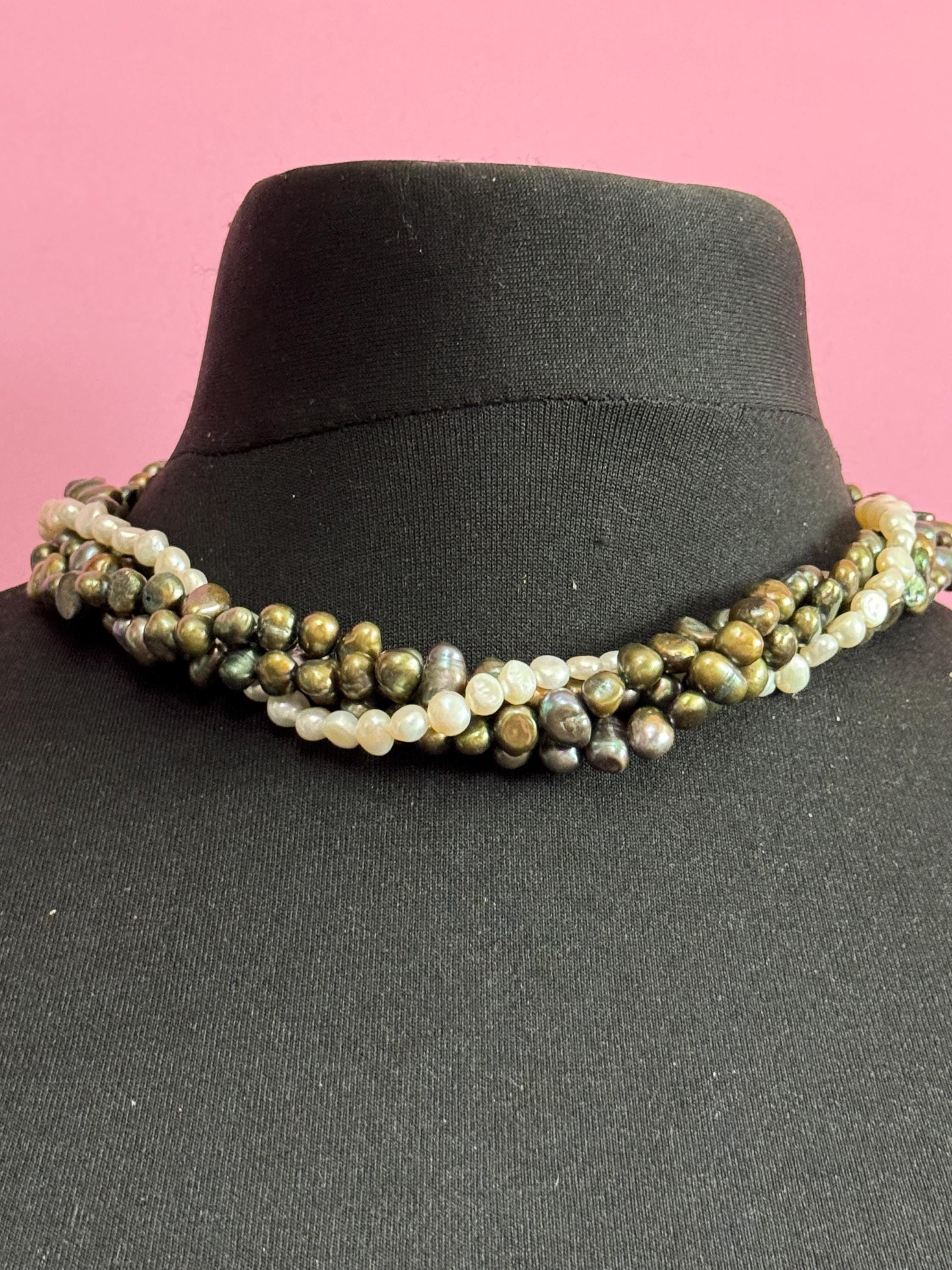Vintage khaki olive green and grey genuine dyed freshwater pearl twisted multi-strand necklace with oversized clasp silver tone