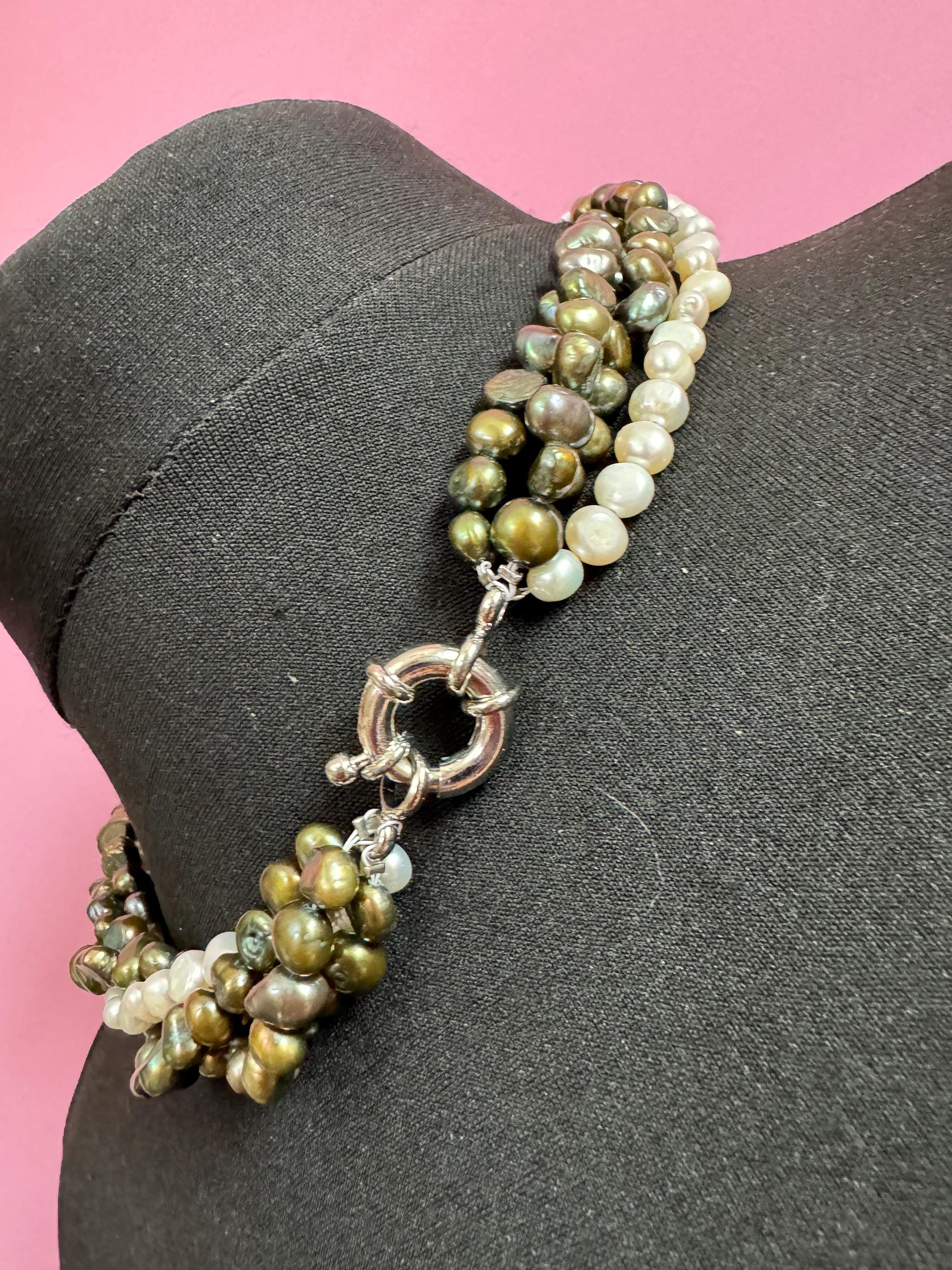 Vintage khaki olive green and grey genuine dyed freshwater pearl twisted multi-strand necklace with oversized clasp silver tone