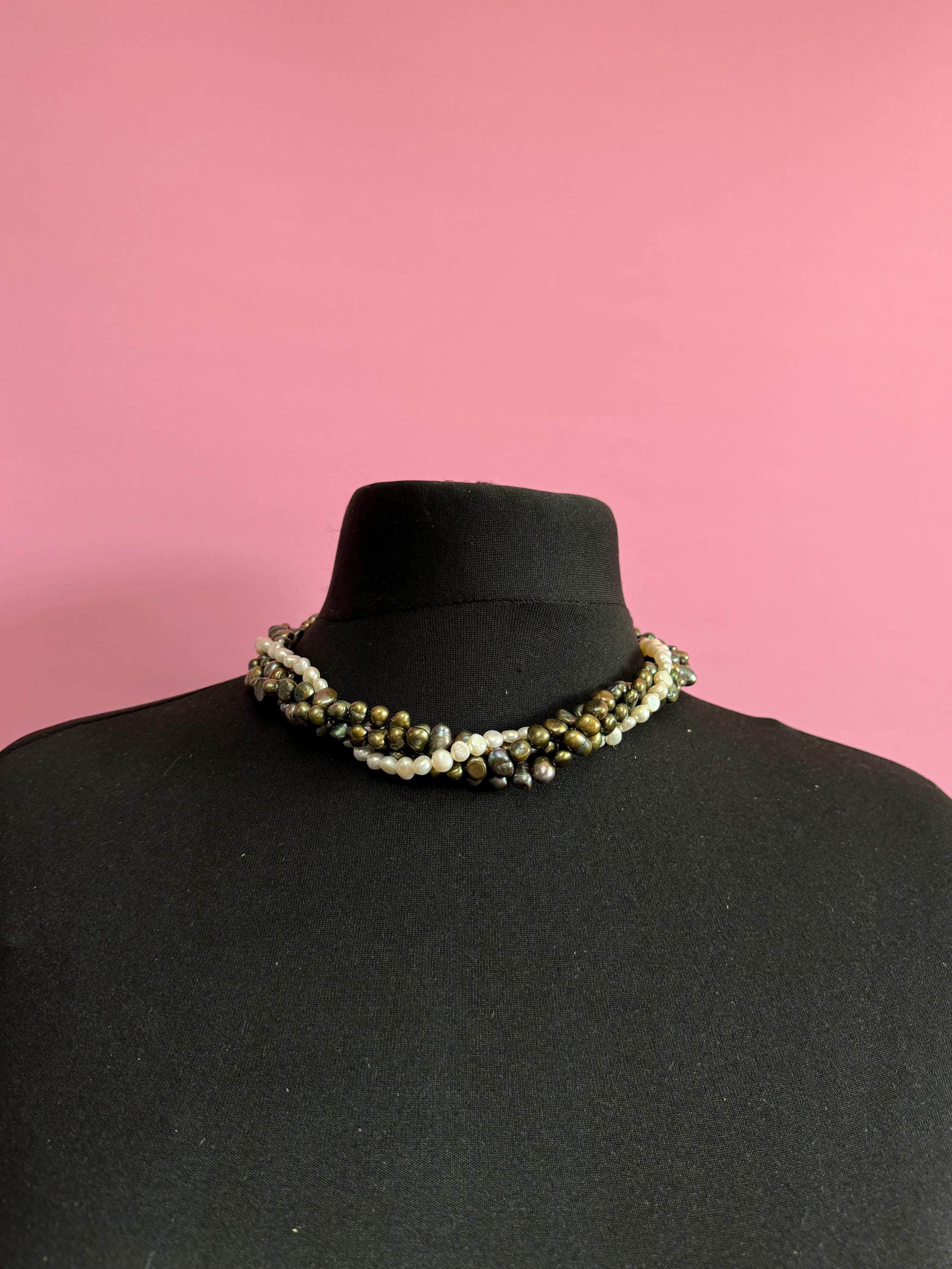 Vintage khaki olive green and grey genuine dyed freshwater pearl twisted multi-strand necklace with oversized clasp silver tone