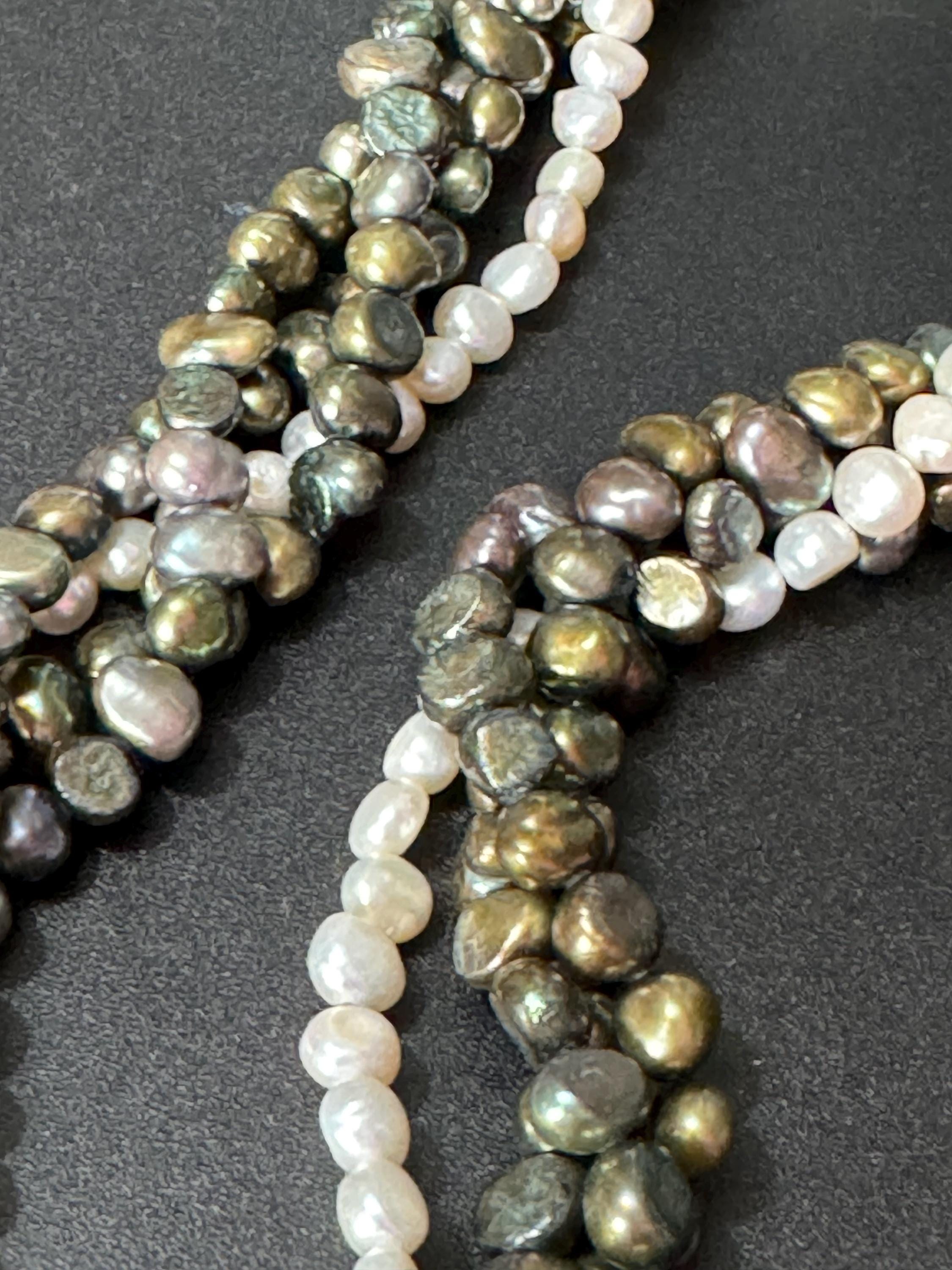 Vintage khaki olive green and grey genuine dyed freshwater pearl twisted multi-strand necklace with oversized clasp silver tone
