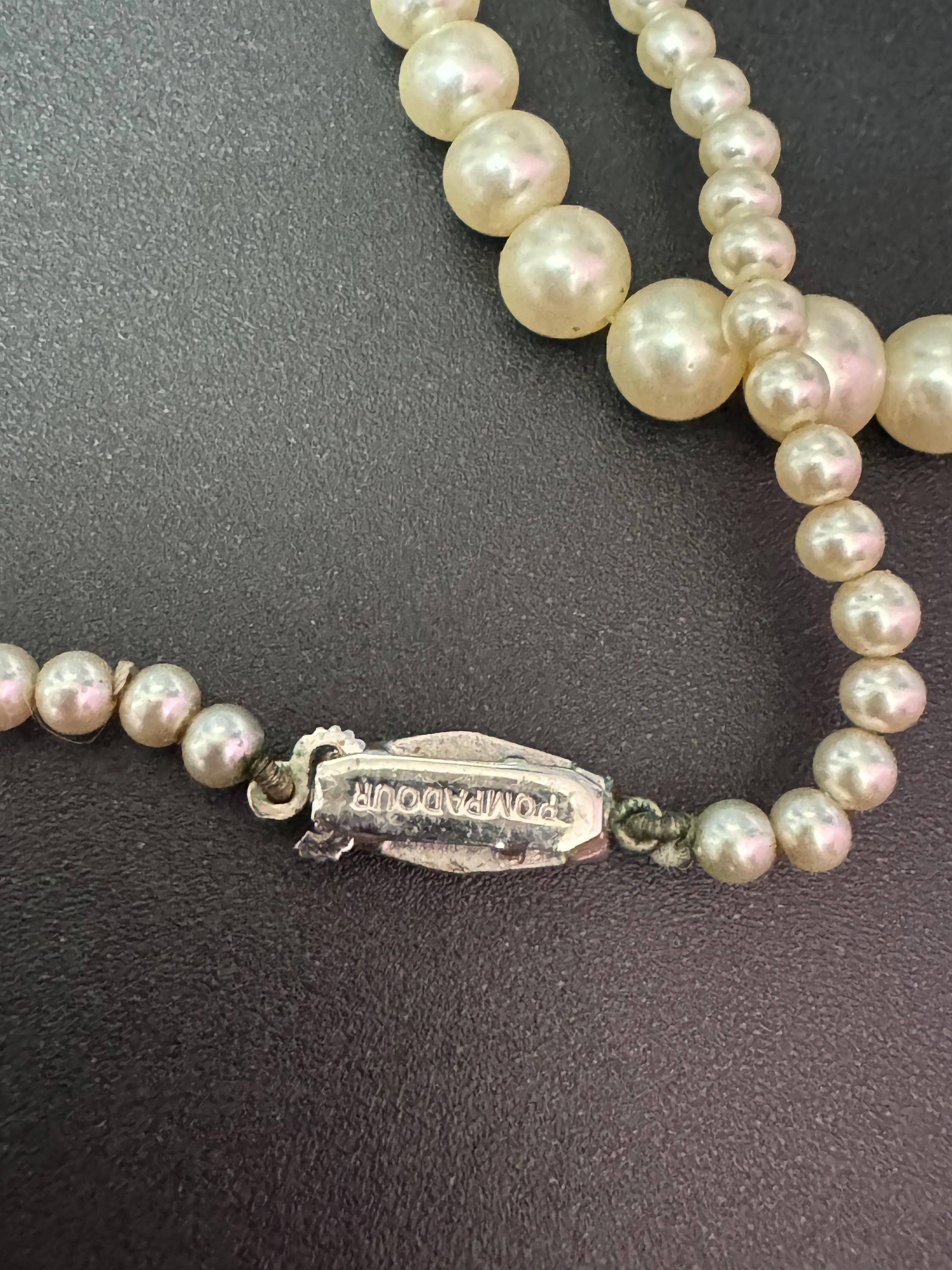 Signed pompadour Vintage short cream glass graduated pearl necklace silver tone diamanté clasp 41cm