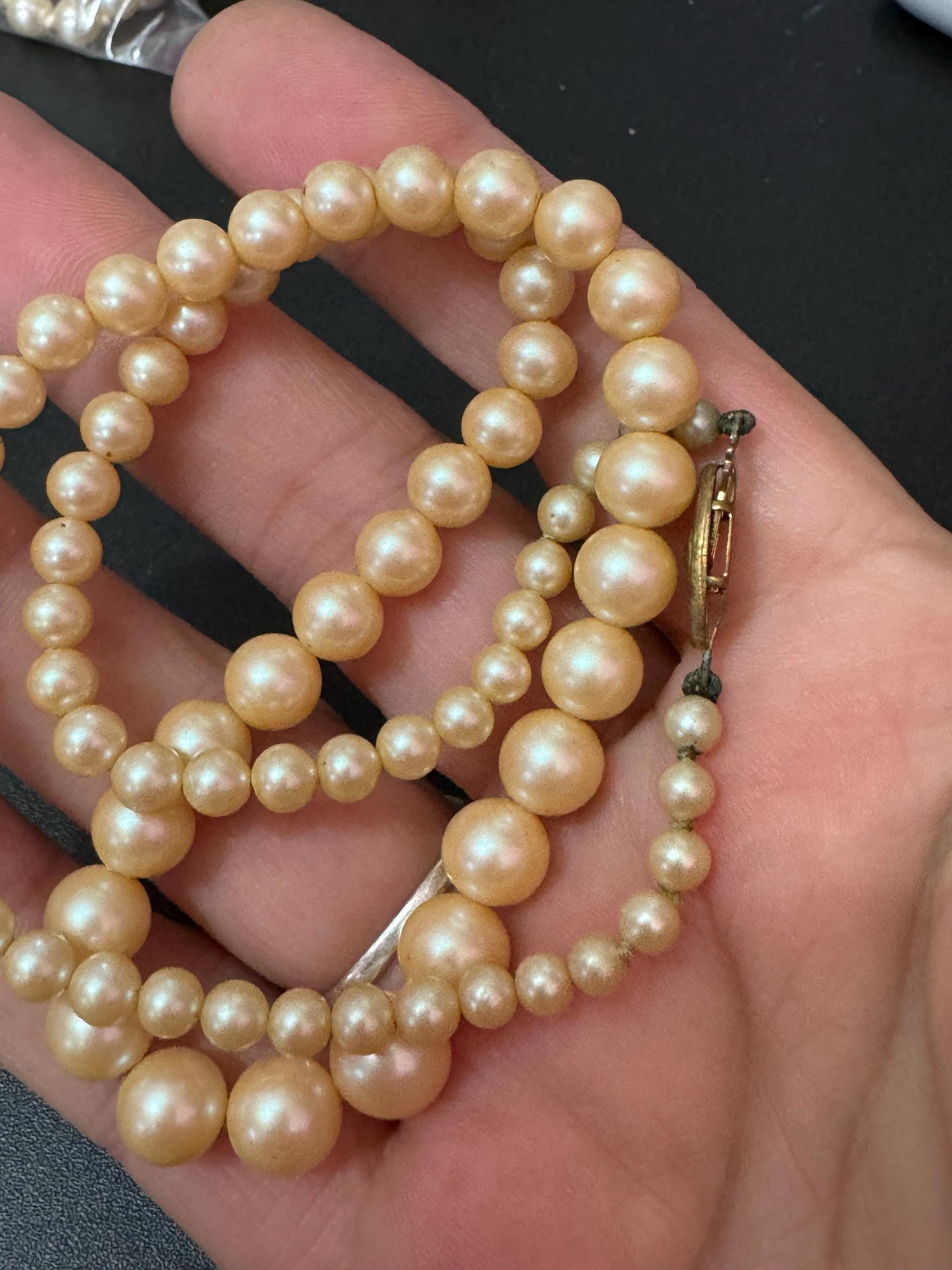 Vintage Cream Glass Pearl Necklace: Graduated Design, Gold Tone Clasp