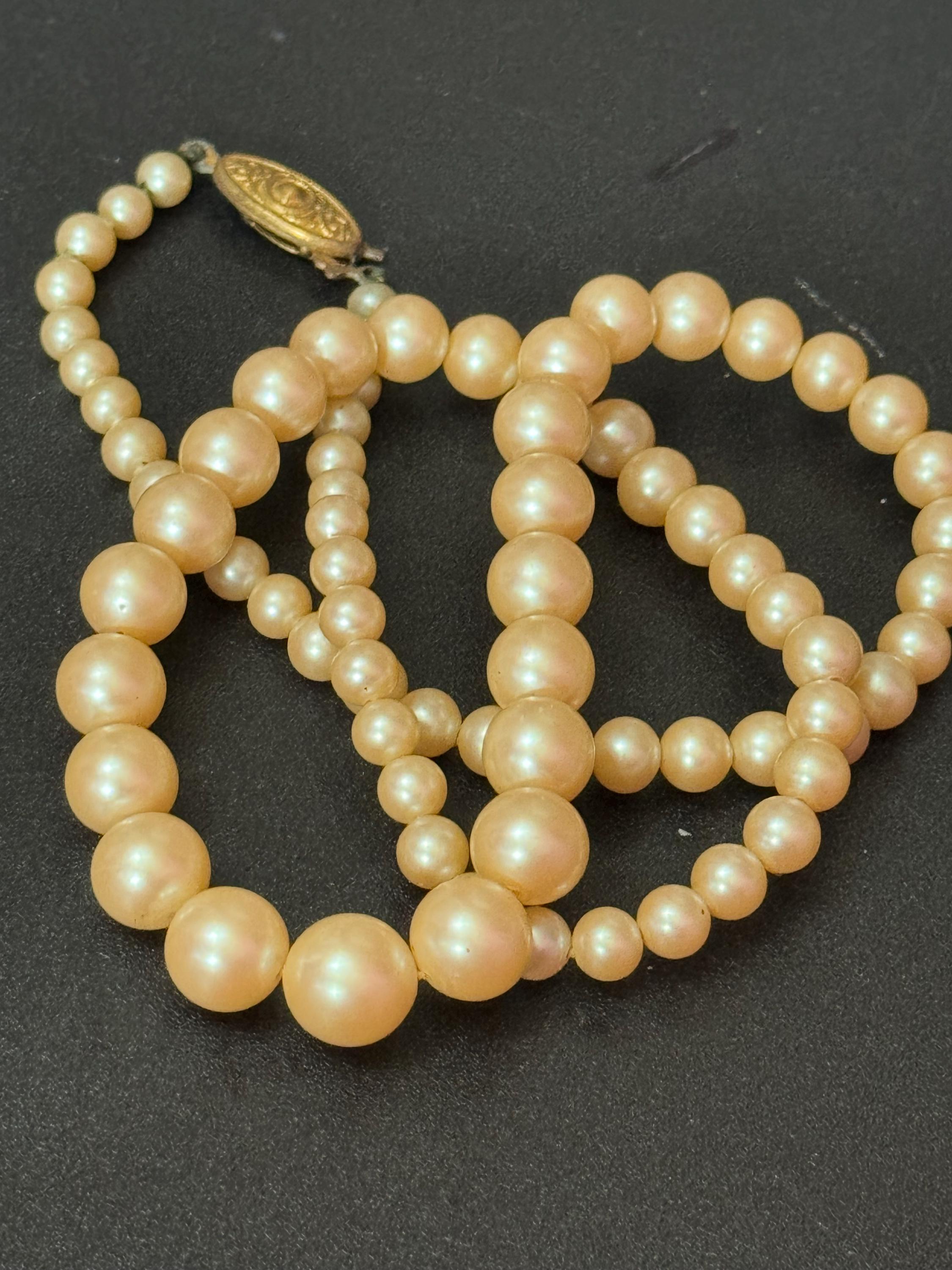 Vintage Cream Glass Pearl Necklace: Graduated Design, Gold Tone Clasp