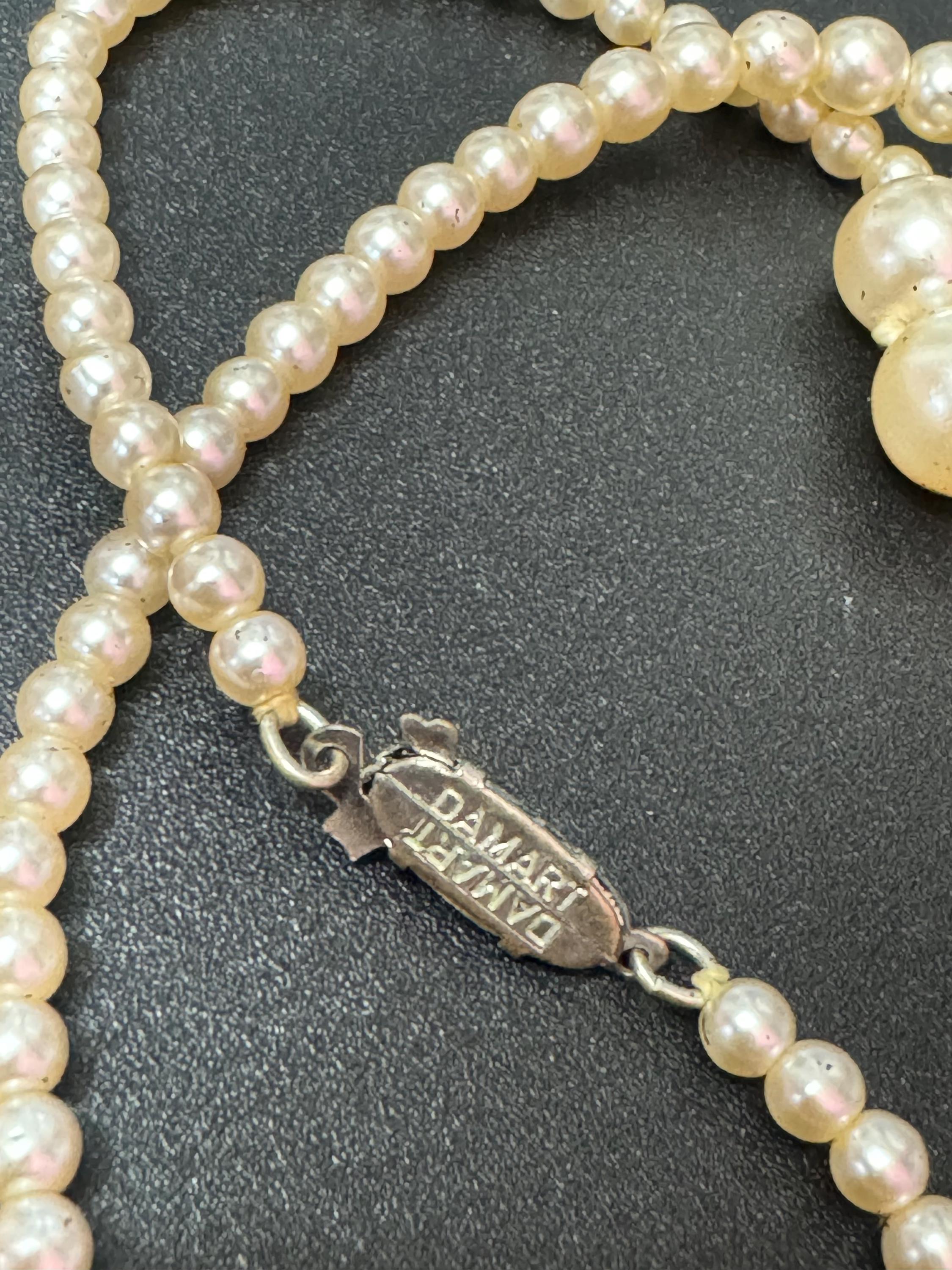 Signed Damart Vintage cream glass graduated pearl necklace silver tone diamanté clasp 51cm