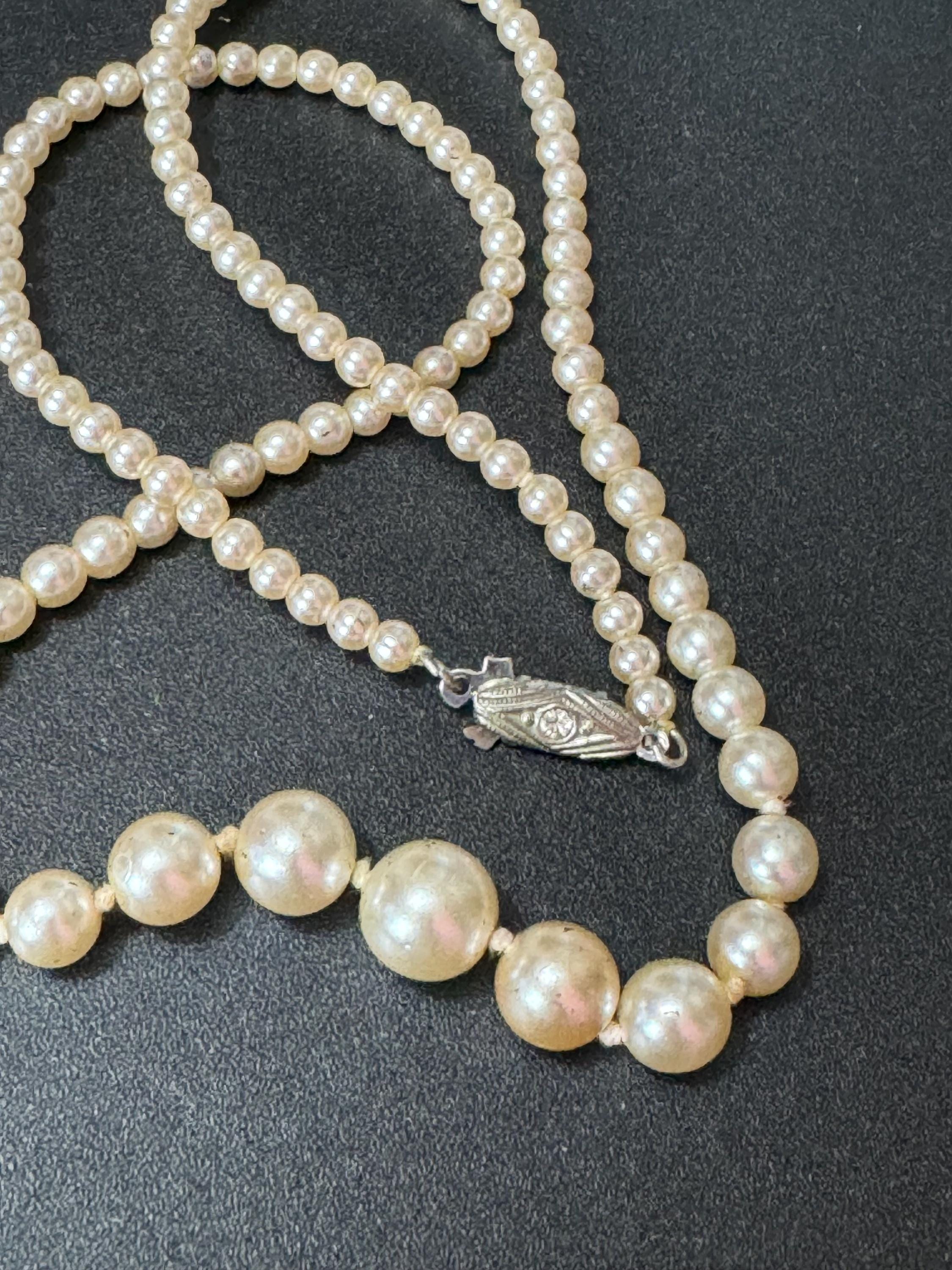 Signed Damart Vintage cream glass graduated pearl necklace silver tone diamanté clasp 51cm